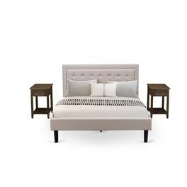East West Furniture - FN08Q-2DE07 3-Piece Platform Queen Bed Set Furniture with 1 Platform Bed and 2 End Tables - Linen Fabric - Mist Beige