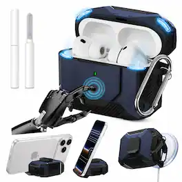 Dteck - for AirPods Pro 2 Case with Phone Stand, Fits MagSafe, Magnetic Lock Shockproof Rugged Cover with Cleaner Kit - Blue