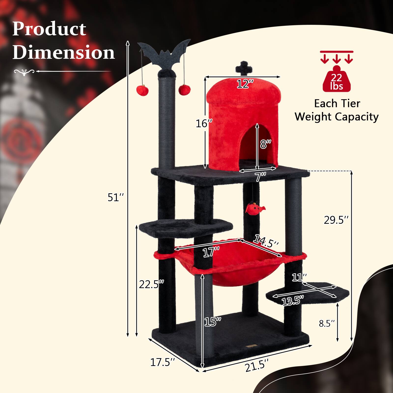 Product Dimension: 51" x 22.5" x 21.5"  
Each Tier Weight Capacity: 22 lbs  
Dimensions: 12" x 16" x 8" x 7" x 14.5" x 17" x 13.5" x 8.5" x 17.5"