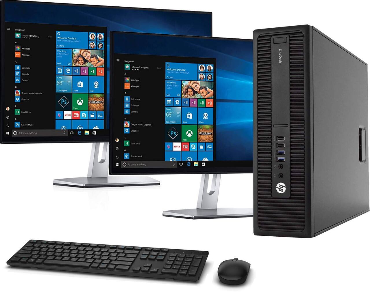 Suggested:  
- Microsoft Mahjong  
- Afterlight  
- Altecipes  
- Calculator  
- Calendar  
- Camera  
- Dragon Mania Legends  
- Dropbox  
- Excel 2016  
- Groove Music  
- Ask me anything  

Welcome Daniela!  
- Cortana  
- Mike King  
- Miley  
- Schon  
- Mail  
- 20  
- Sunny  
- 68°F  
- 83°  
- Los Angeles  
- Store  
- Maps  
- Minecraft  
- Ps  
- Xbox  
- Netflix  
- Skype  
- Store  
- Internet Explorer  
- Mail  
- Music  
- Photos  
- Videos  
- Settings  
- Start  
- Search  
- Cortana  
- Ask me anything  

EliteDesk  
Groove Music  
Dragon Mania Legends  
Excel 2016  
Ask me anything