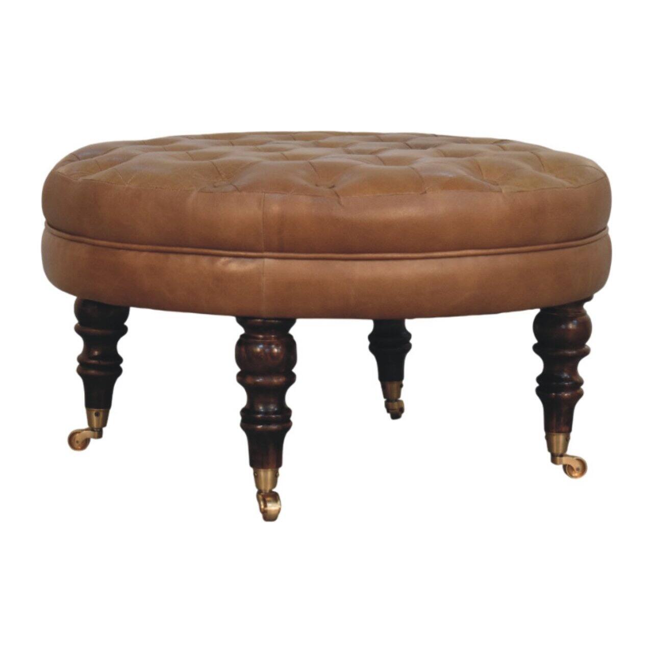 Left. Artisan Furniture - Artisan Furniture Solid Wood Brown Buffalo Leather Round Ottoman with Castor Legs, Upholstered, Brown - Brown.