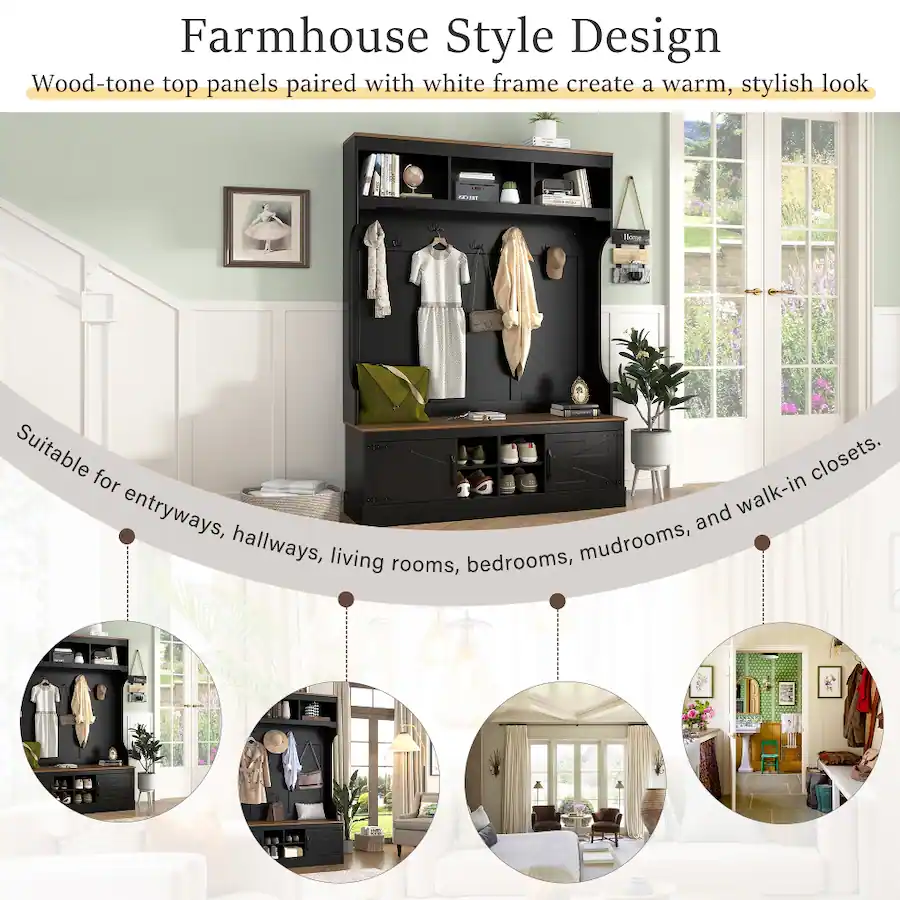 Loheer farmhouse hall tree with bench 5 in 1 entryway organizer shoe ...