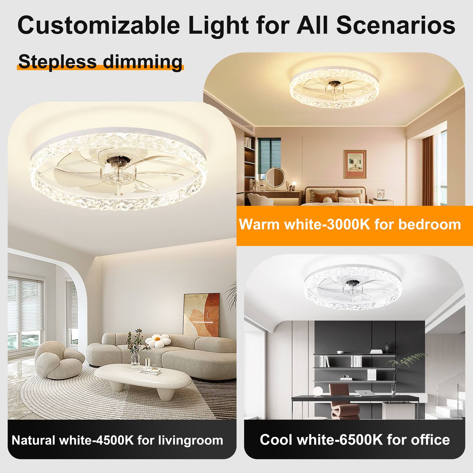 Customizable Light for All Scenarios  
Stepless dimming  
Warm white-3000K for bedroom  
Natural white-4500K for living room  
Cool white-6500K for office