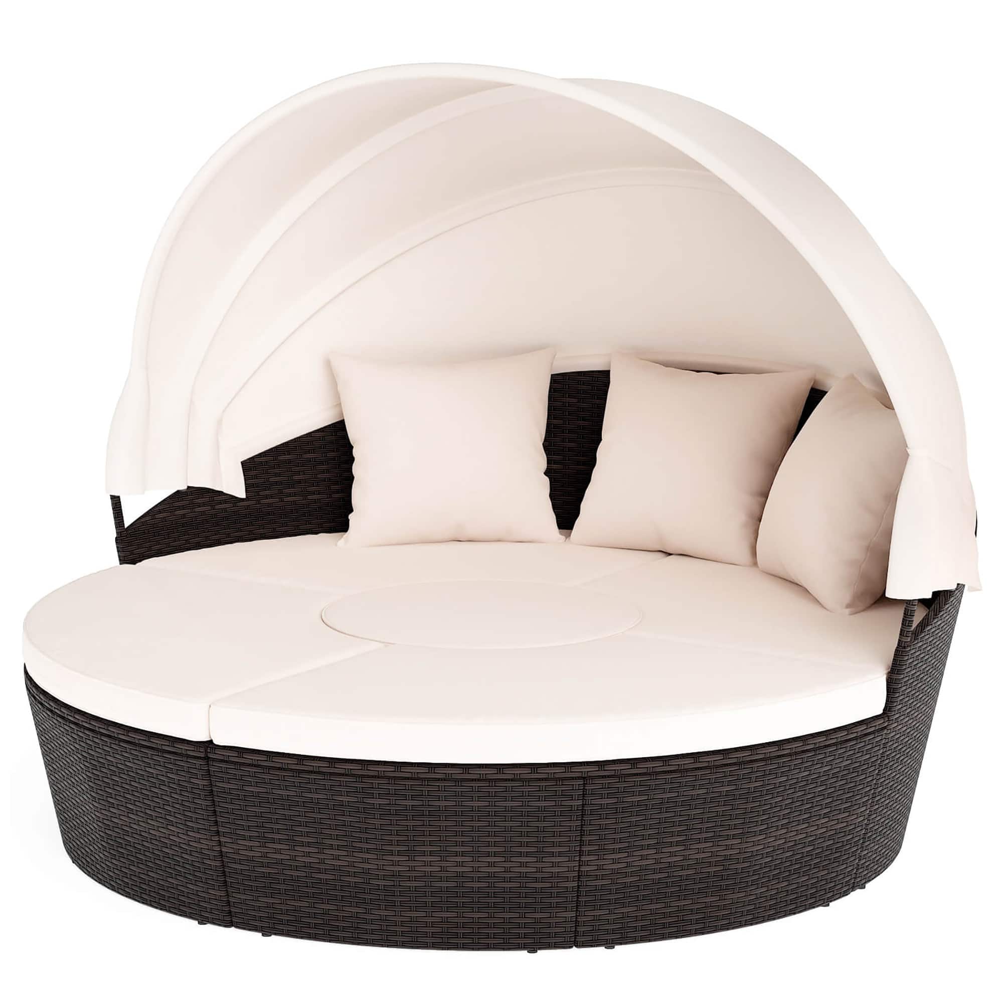 Gymax - Patio Round Daybed PE Rattan Cushioned Sectional Seating w/ Retractable Canopy Outdoor - Mix Brown, Off White
