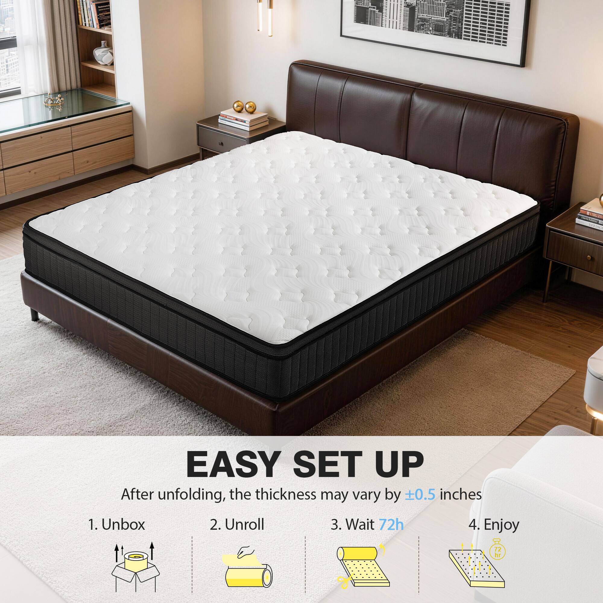 BUNGER

EASY SET UP
After unfolding, the thickness may vary by ±0.5 inches

1. Unbox
2. Unroll
3. Wait 72h
4. Enjoy