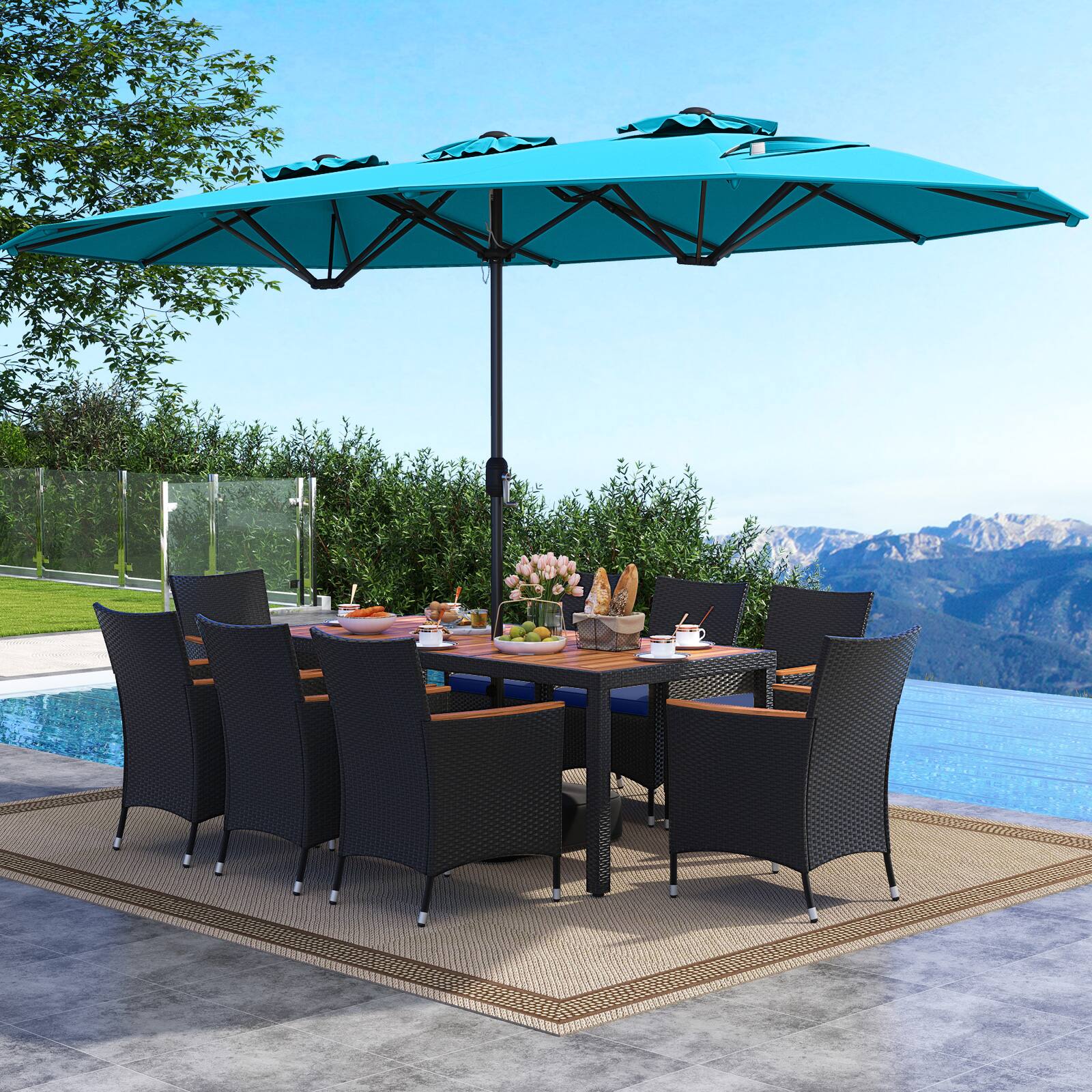Alt View 1. Costway - Costway 11 PCS Patio Wicker Dining Set with Double-Sided Outdoor Umbrella 8 Stackable Chairs - Turquoise+Navy.