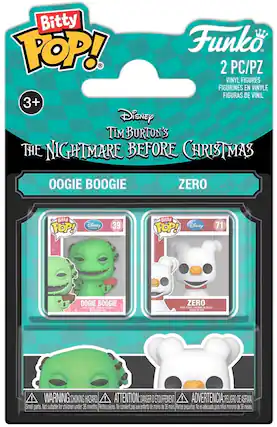Bitty POP! Funko 2 PC/PZ VINYL FIGURES FIGURINES EN VINYLE FIGURAS DE VINIL 3+ Disney TIM BURTON'S THE NIGHTMARE BEFORE CHRISTMAS OOGIE BOOGIE ZERO Bitty POP! Disney 39 Bitty POP! Disney 71 OOGIE BOOGIE ZERO ! WARNING:CHOKING HAZARD. ! ATTENTION:DANGER D'ÉTOUFFEMENT. ! ADVERTENCIA: PELIGRO DE ASFINA Small parts. Not suitable for children under 36 months. Petites pieces. Ne convient pas aux enfants de moins de 36 mos Partes pequetas No es adecuado pera nios menores de 36 reses