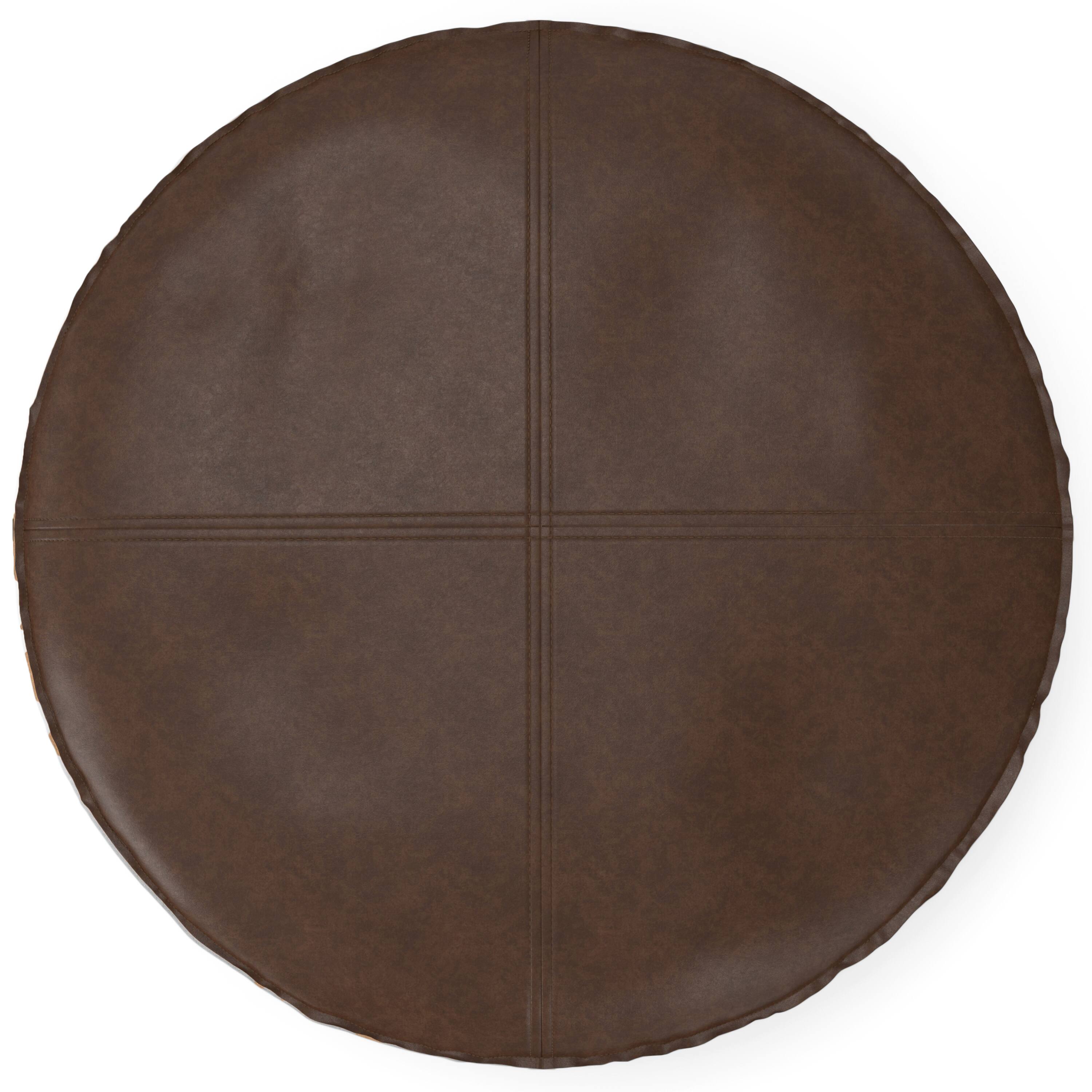 Alt View 2. Simpli Home - Brody Boho Round Pouf in Distressed Dark Brown Vegan Faux Leather - Distressed Dark Brown.