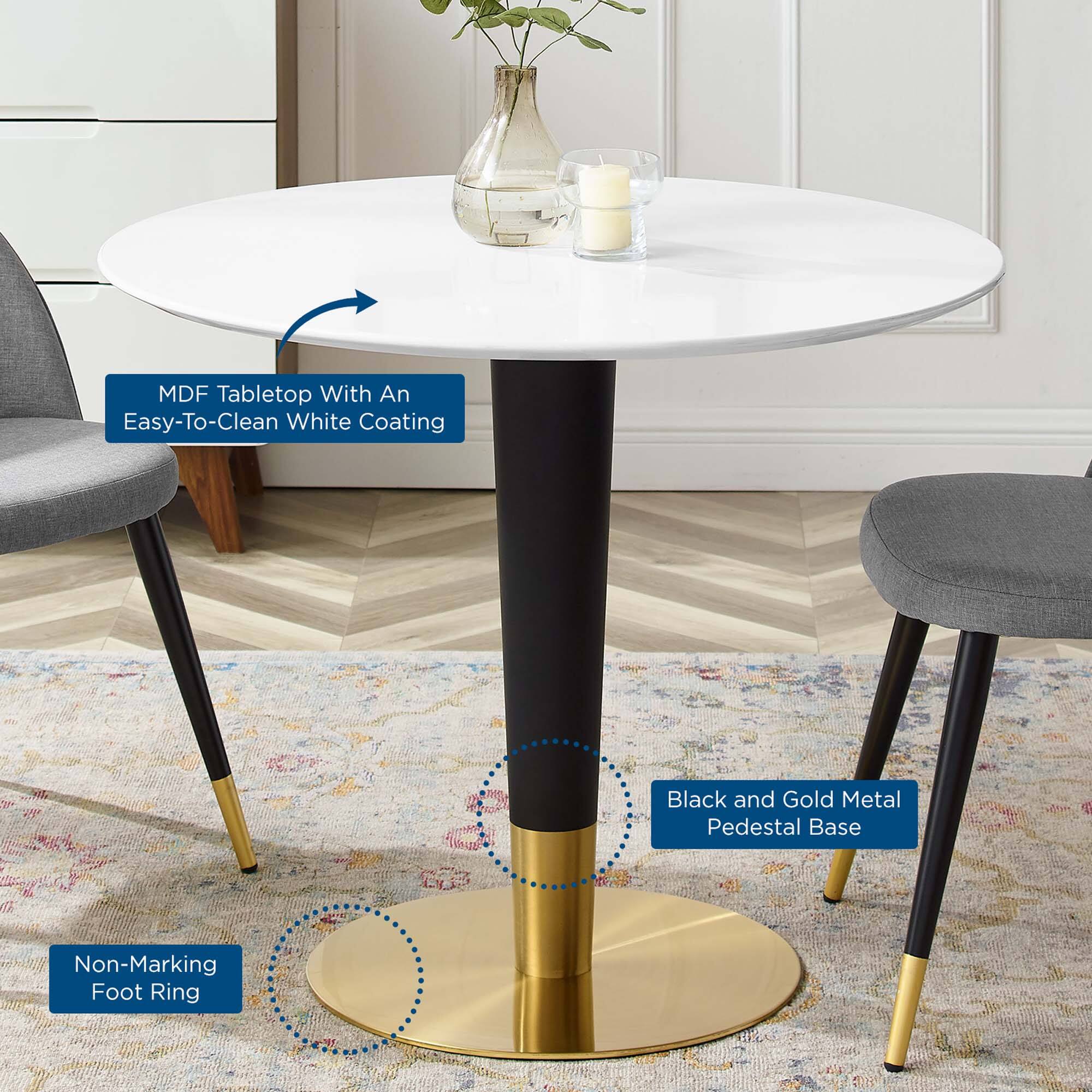 - MDF Tabletop With An Easy-To-Clean White Coating
- Black and Gold Metal Pedestal Base
- Non-Marking Foot Ring