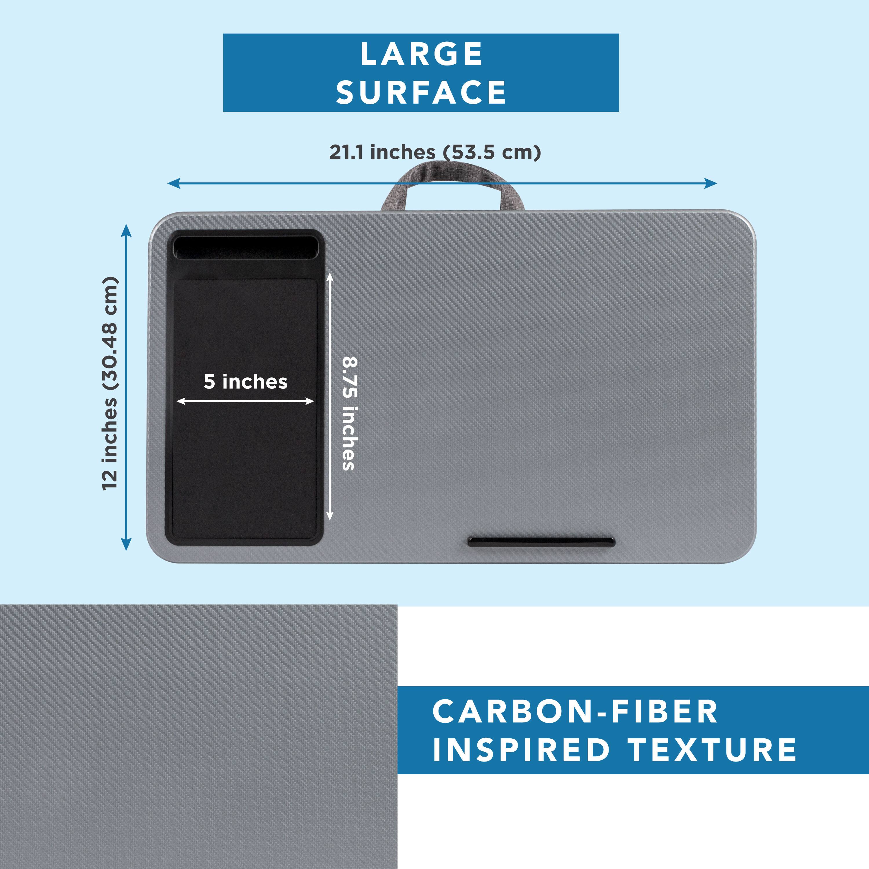 The image features a large surface with a carbon-fiber inspired texture. The surface measures 21.1 inches (53.5 cm) in length and 12.5 inches (30.48 cm) in width, making it a spacious and unique design.