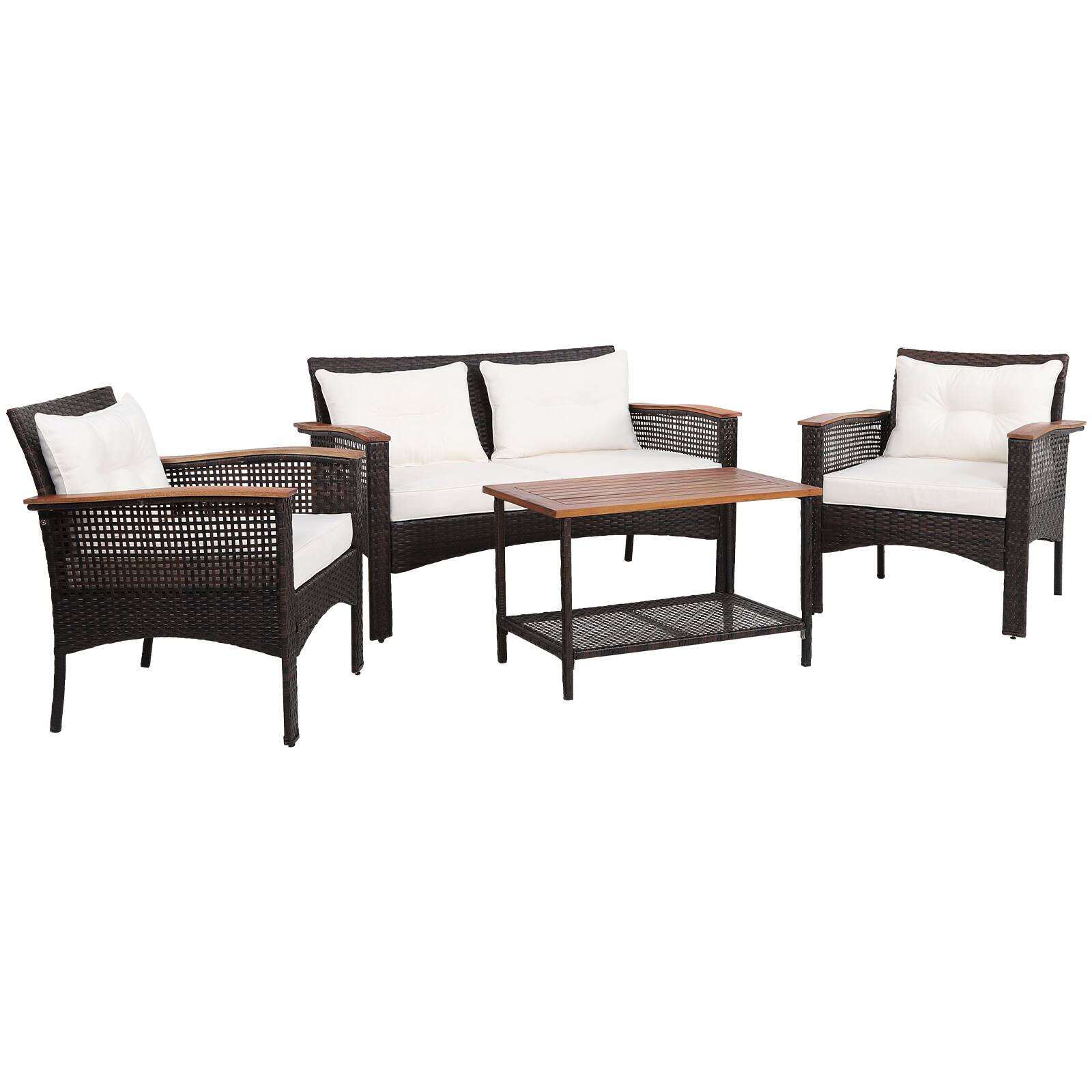 Alt View 9. Gymax - Gymax 4PCS Rattan Patio Furniture Set Acacia Wood Outdoor Conversation Set w/ Cushions - Off White.