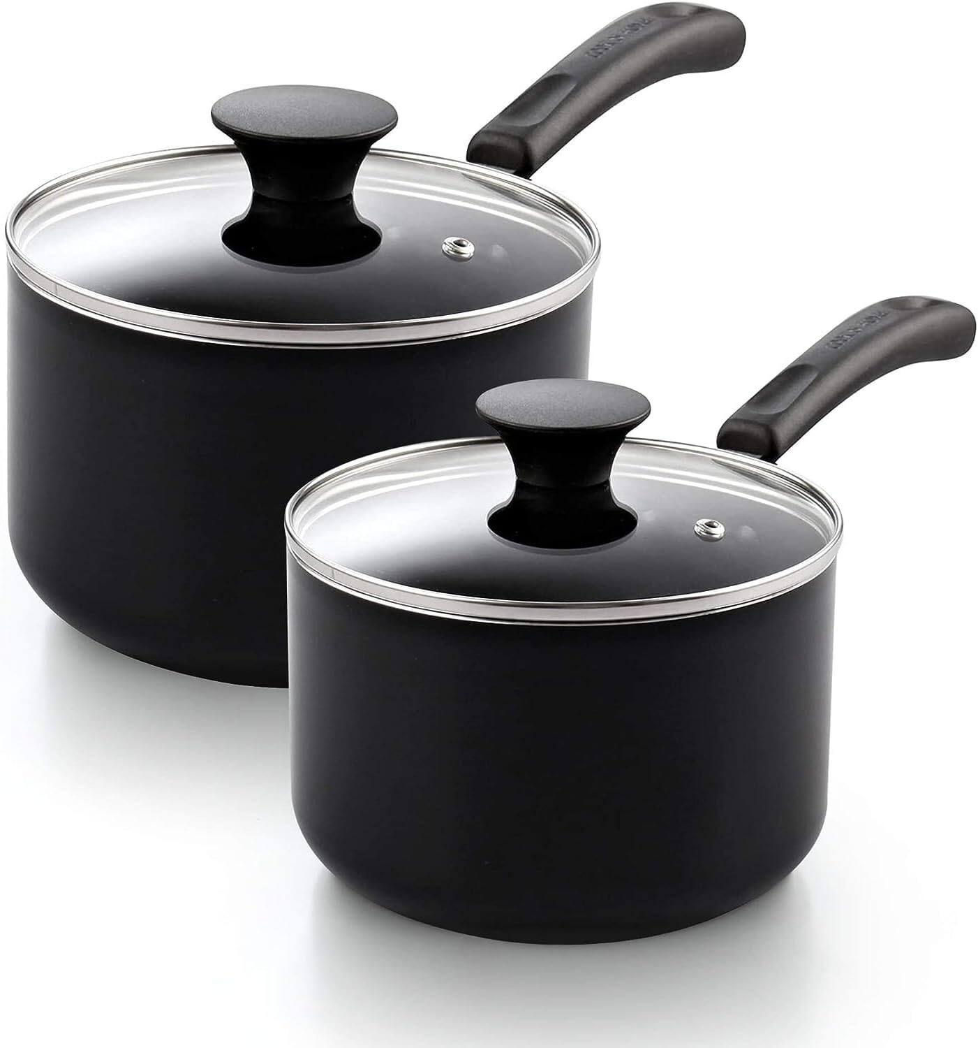 Front. Cook N Home - Basic Multi Purpose 1qt and 2 Qt Nonstick Aluminum Saucepan Set with Glass Lids, Stay Cool Handles, Black - black.