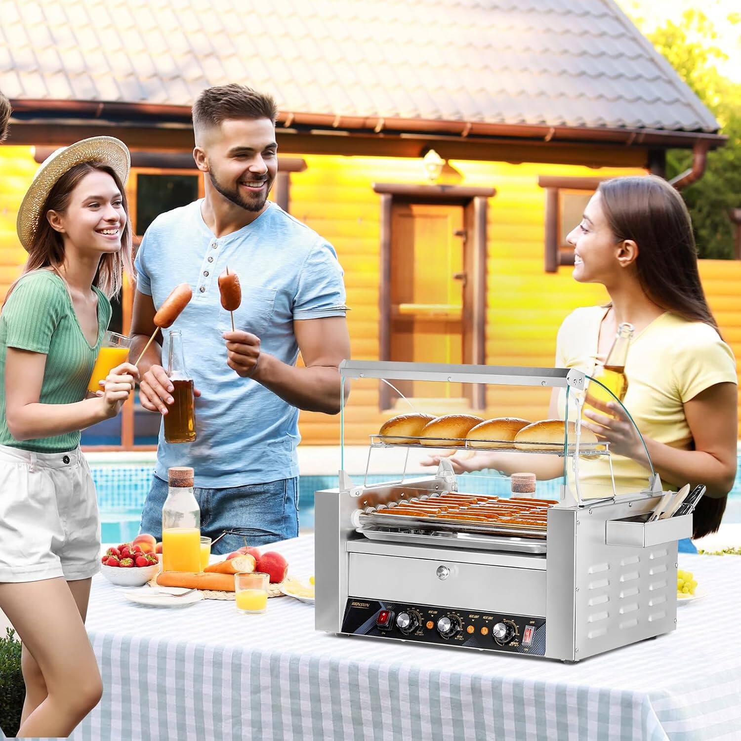 Alt View 7. Winado - Commercial Electric 24 Hot Dog 9 Roller Grill Cooker Machine with Bun Warmer, Dual Temp Control, Glass Cover, Drip Tray - Silver.