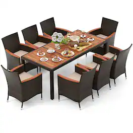 Gymax - 9PCS Wicker Dining Set Acacia Wood Table Top Umbrella Hole Cushions Chairs Patio - Brown, Beige