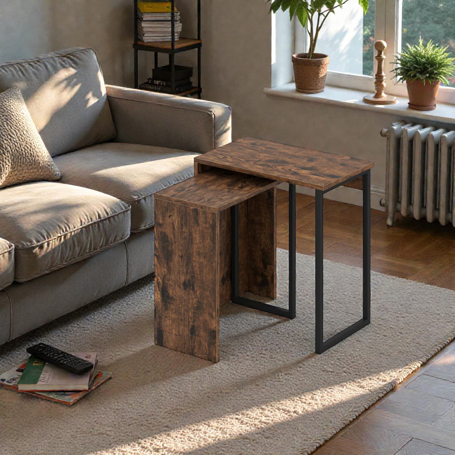 Hivvago - Compact Nesting Coffee Tables for Multi-Room Use, Set of 2 - Rustic Brown