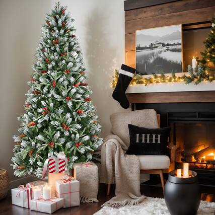 Front. Resenkos - Resenkos Artificial 4ft Green Christmas Tree with 747PE/PVC Mixed Branch Tips,Red fruit and Pine cone - Green.