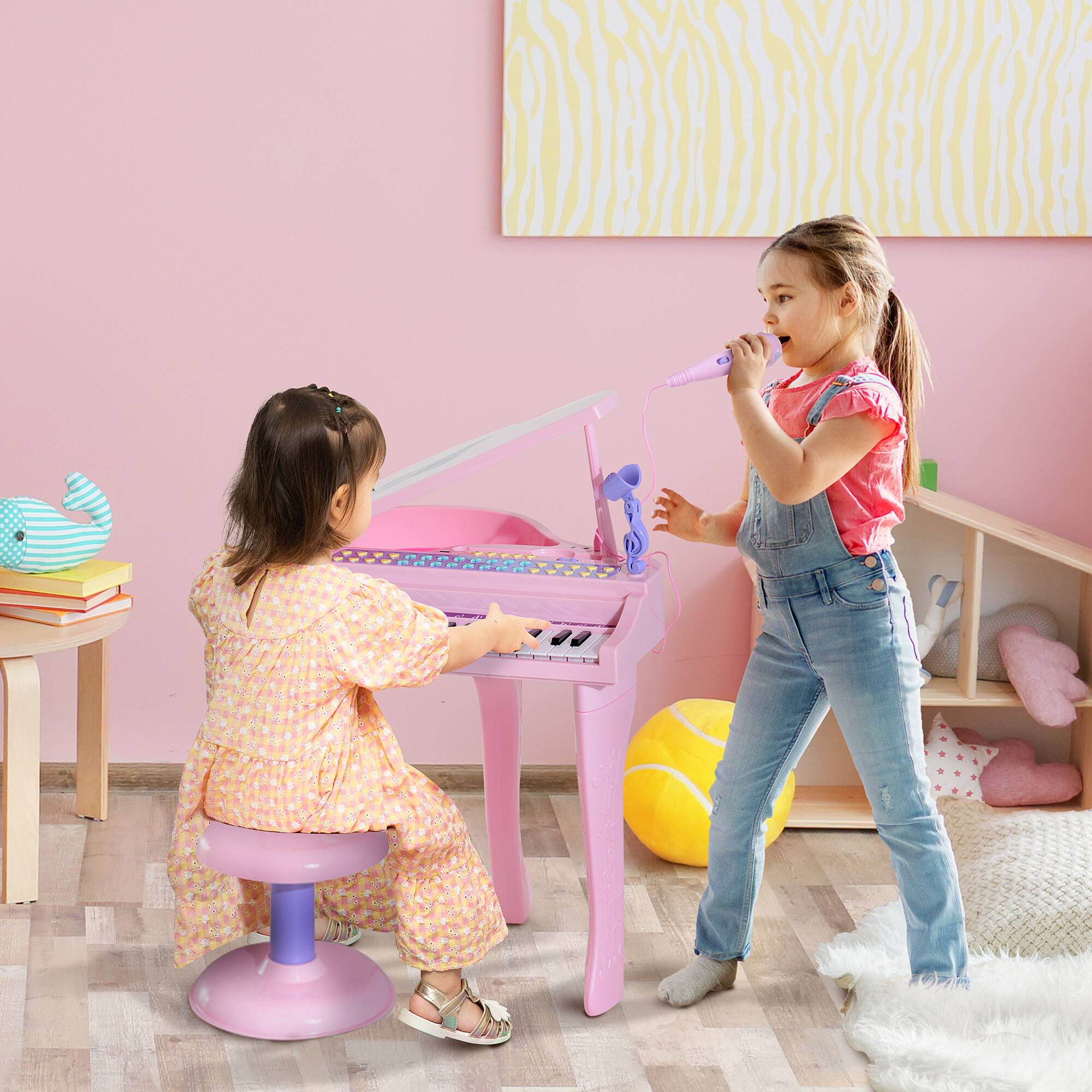 Alt View 7. Ecooso - Kids Toy Keyboard Piano 37-Key Electronic Musical Instrument w/ Microphone, Stool, MP3, U-Disk, Lights for 3-6 Years - Pink.