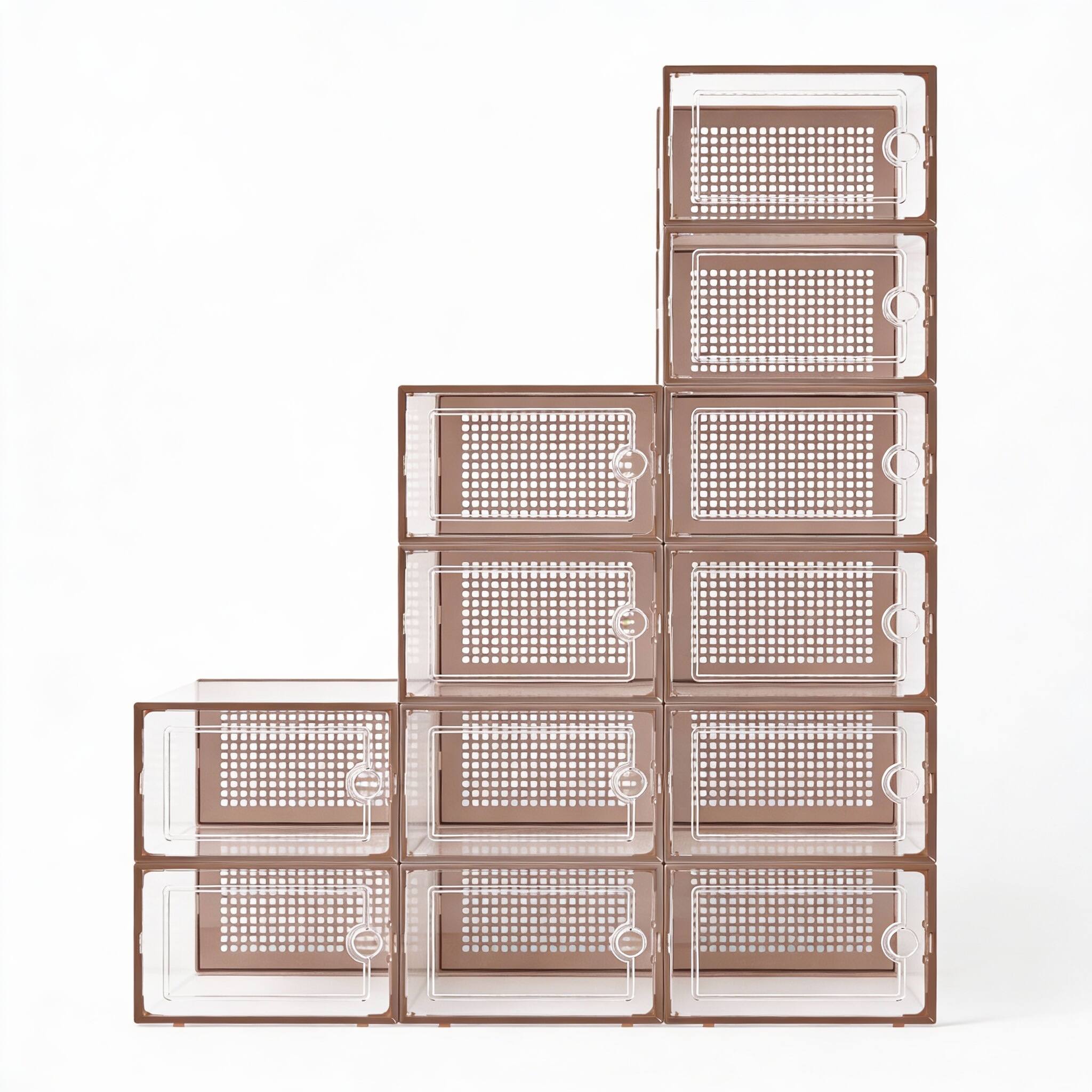 Front. Frangdom - ABS Stackable Shoe Box 12-Pack Ventilated Dustproof - BROWN.