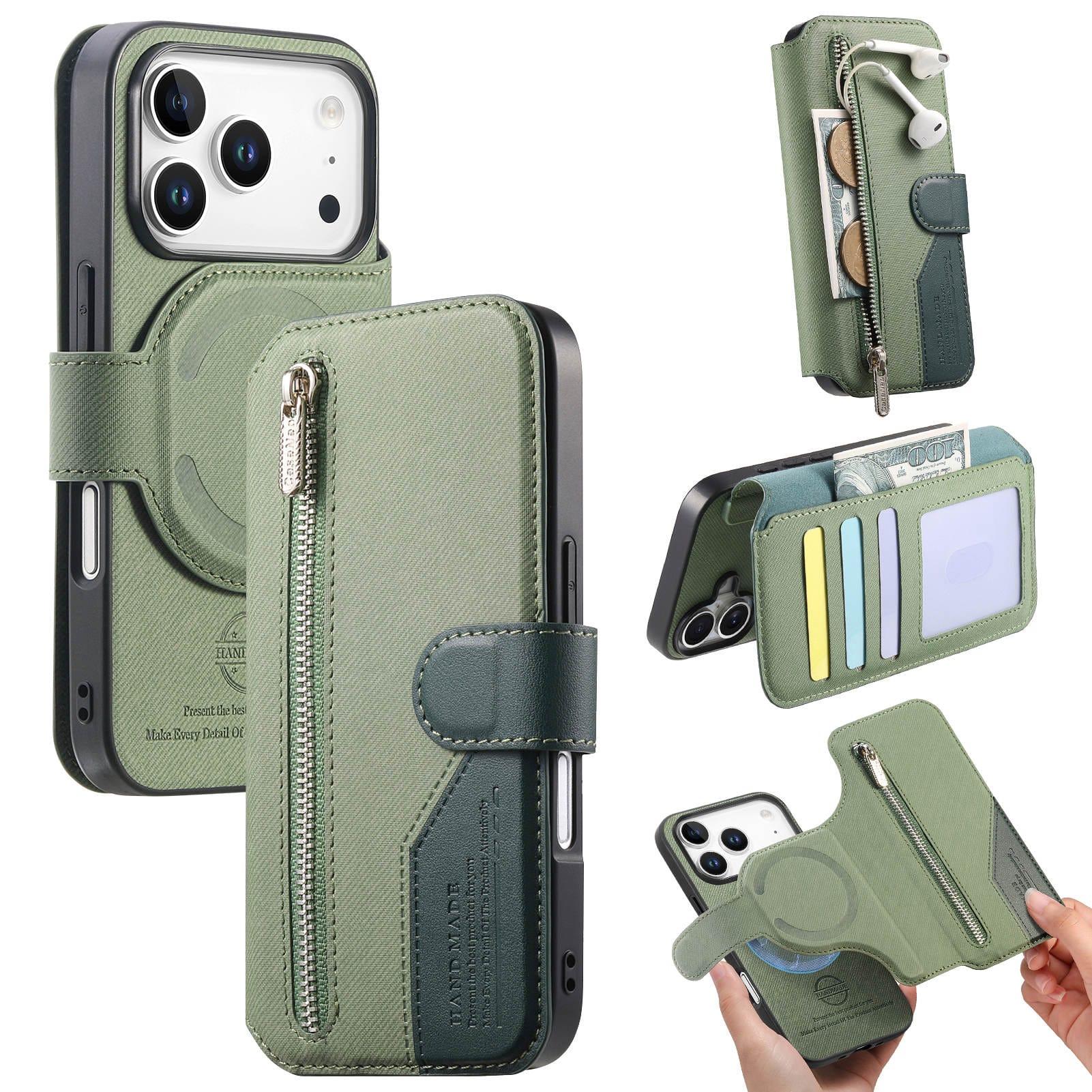 UUCOVER - For Apple iPhone 17 Pro Zipper Wallet Case with Magnetic Detachable RFID Blocking Card Slot Cash Holder Flip Stand Cover - Green price history on PriceWatchPro