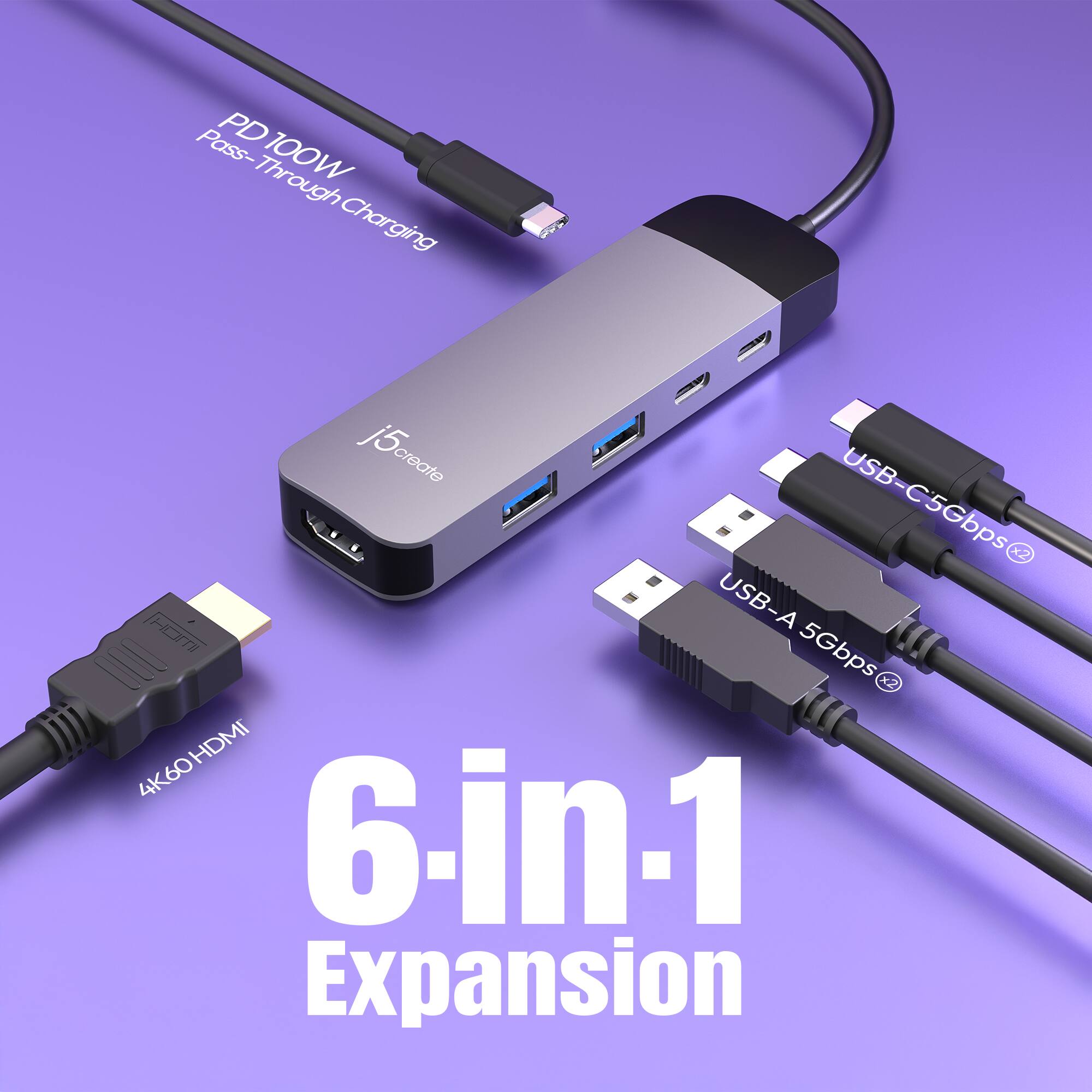Pass-Through 100W Charging  
USB-C 5Gbps  
USB-A 5Gbps x2  
HDMI 4K60  
6-in-1 Expansion