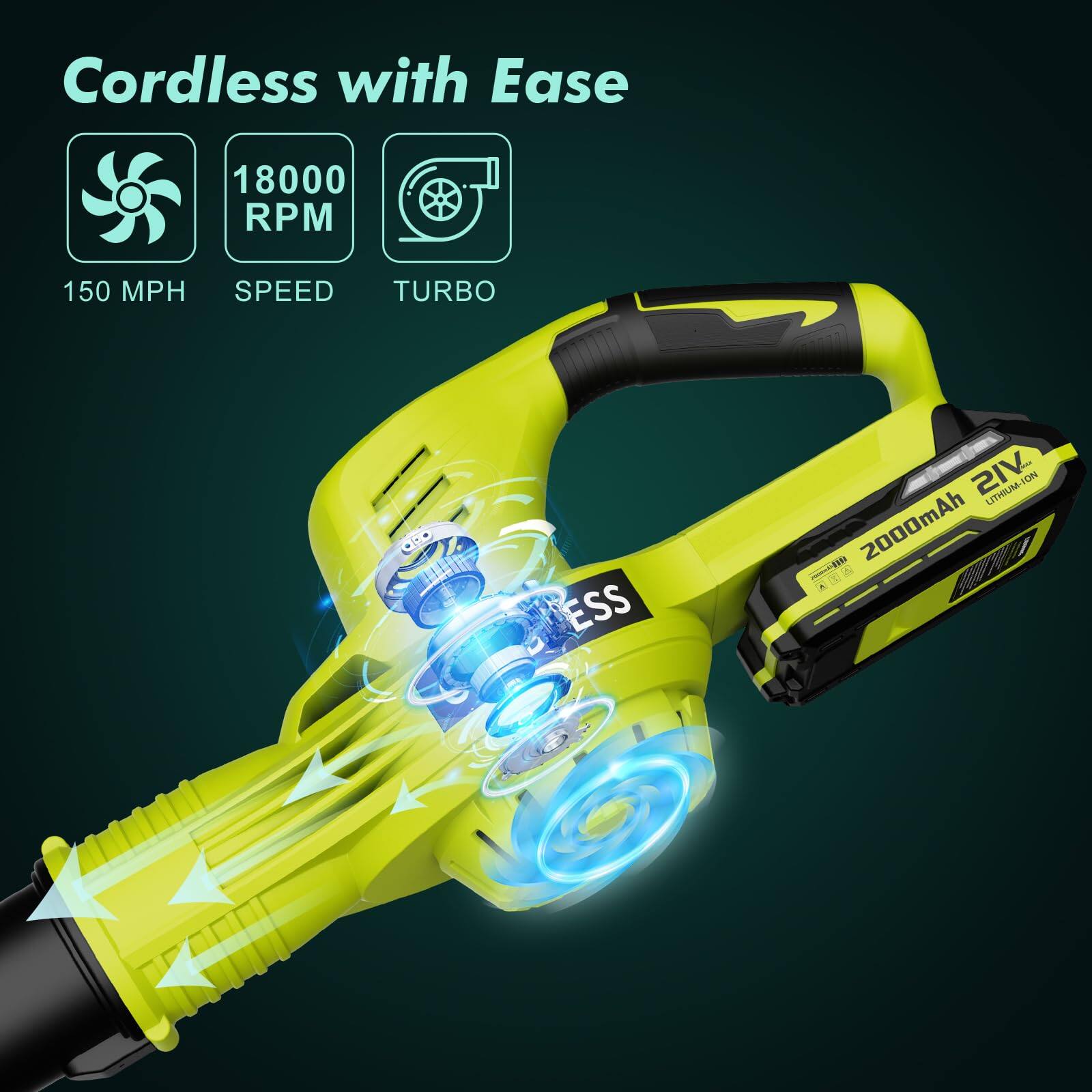 Cordless with Ease

18000 RPM  
150 MPH SPEED  
TURBO  

ESS  
2000mAh  
2IV LITHIUM-ION