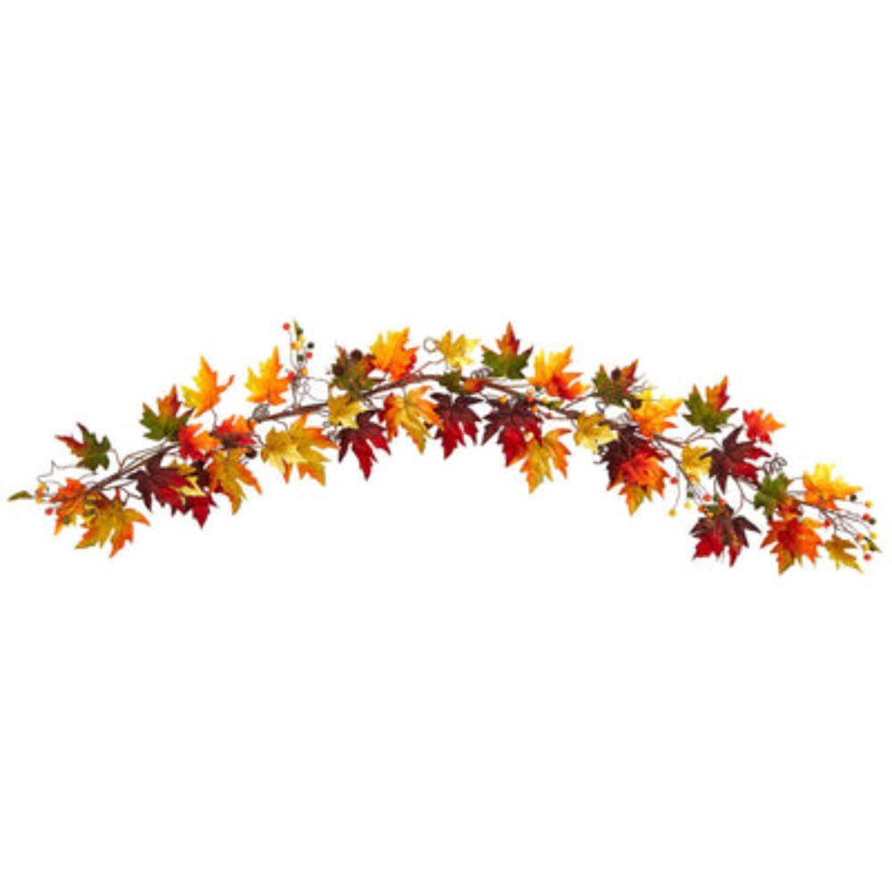 Front. BreeBe - 6' Autumn Maple Leaf and Berry Fall Garland - Orange.
