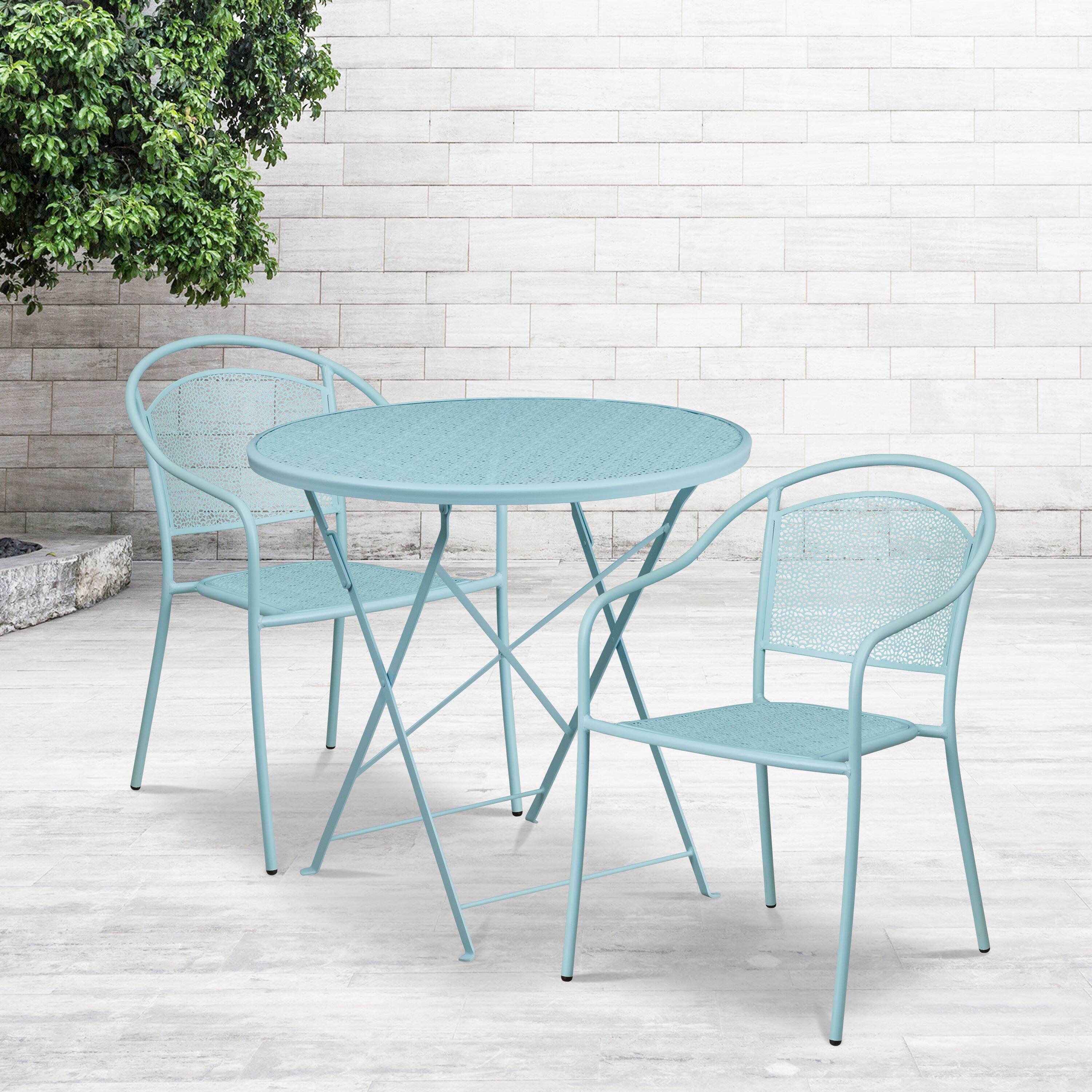 Alt View 1. Emma + Oliver - Commercial Grade 30" Round Metal Folding Patio Table Set w/ 2 Round Back Chairs - Sky Blue.