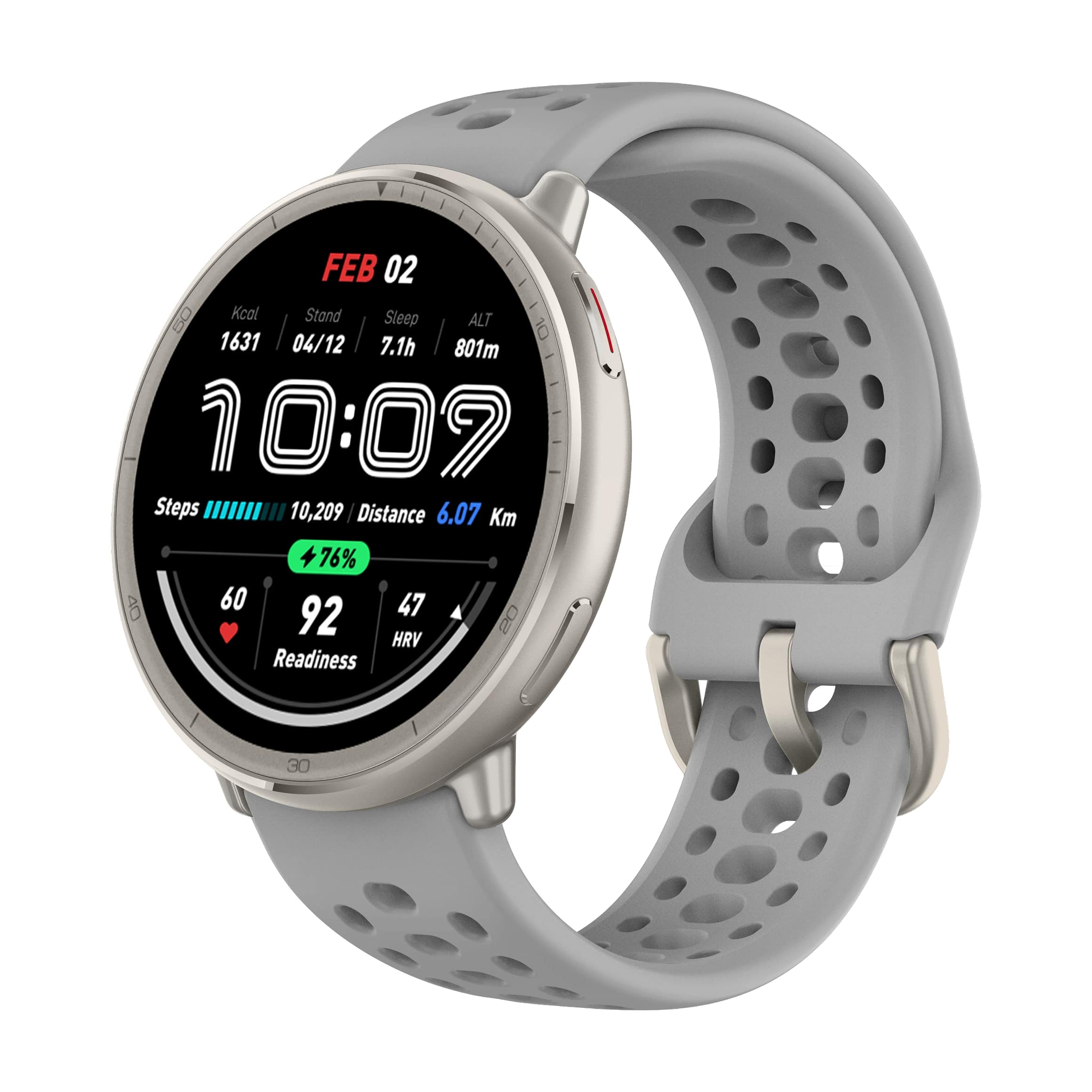 FEB 02  
Kcal: 1631  
Stand: 04/12  
Sleep: 7.1h  
ALT: 801m  
Steps: 10,209  
Distance: 6.07 Km  
HRV: 47  
Readiness: 30  
HR: 92  
HRV: 47  
HRV: 92  
HRV: 76%