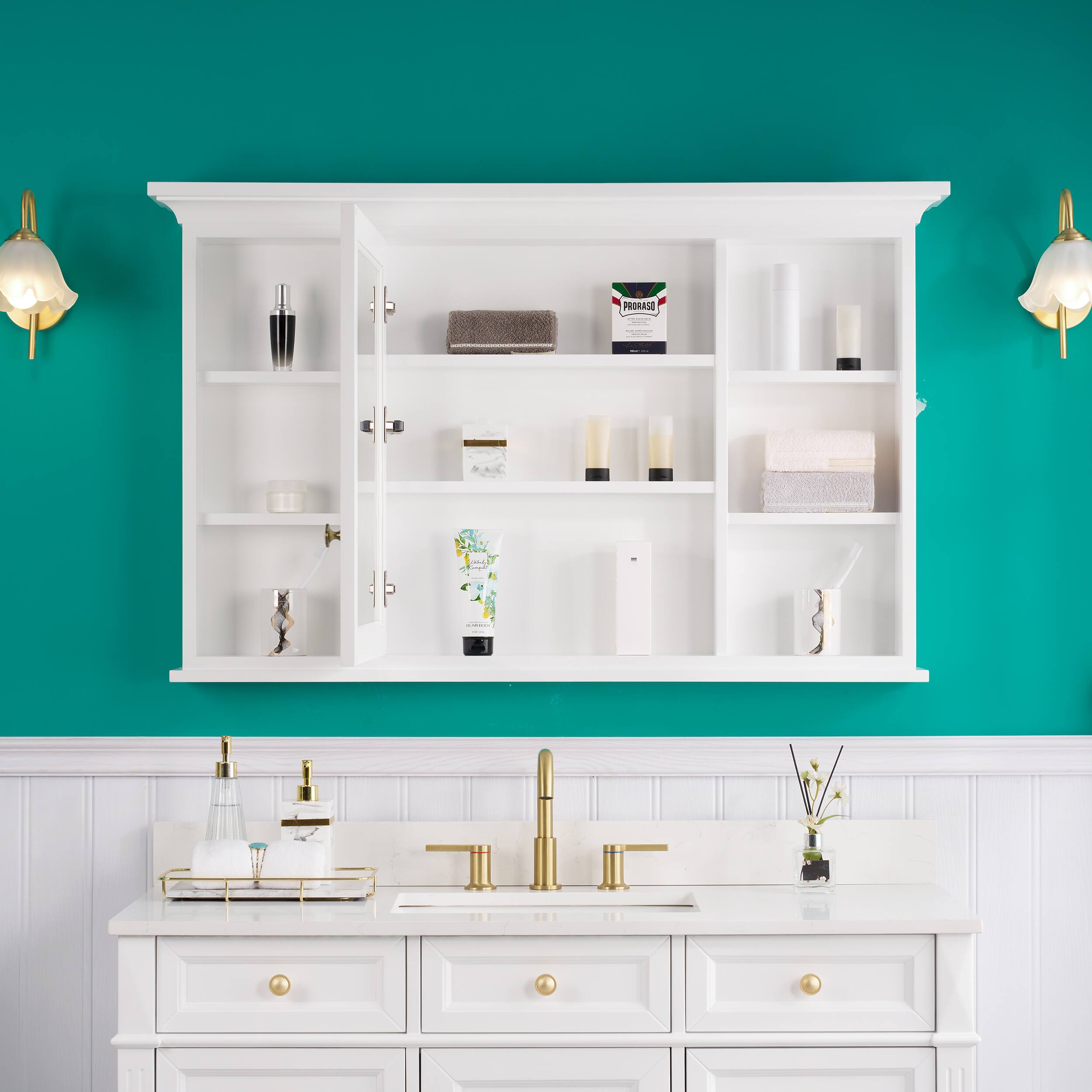 Angle. WELLFOR - 48 in. W x 30 in. H Rectangular Solid Wood Medicine Cabinet with Mirror with Single Door - White.