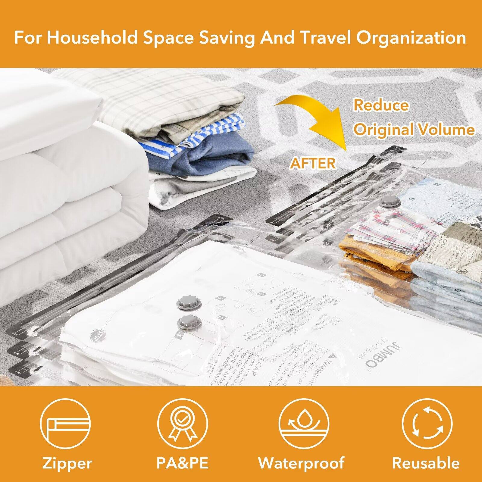 For Household Space Saving And Travel Organization

Reduce Original Volume

AFTER

Zipper PA&PE Waterproof Reusable