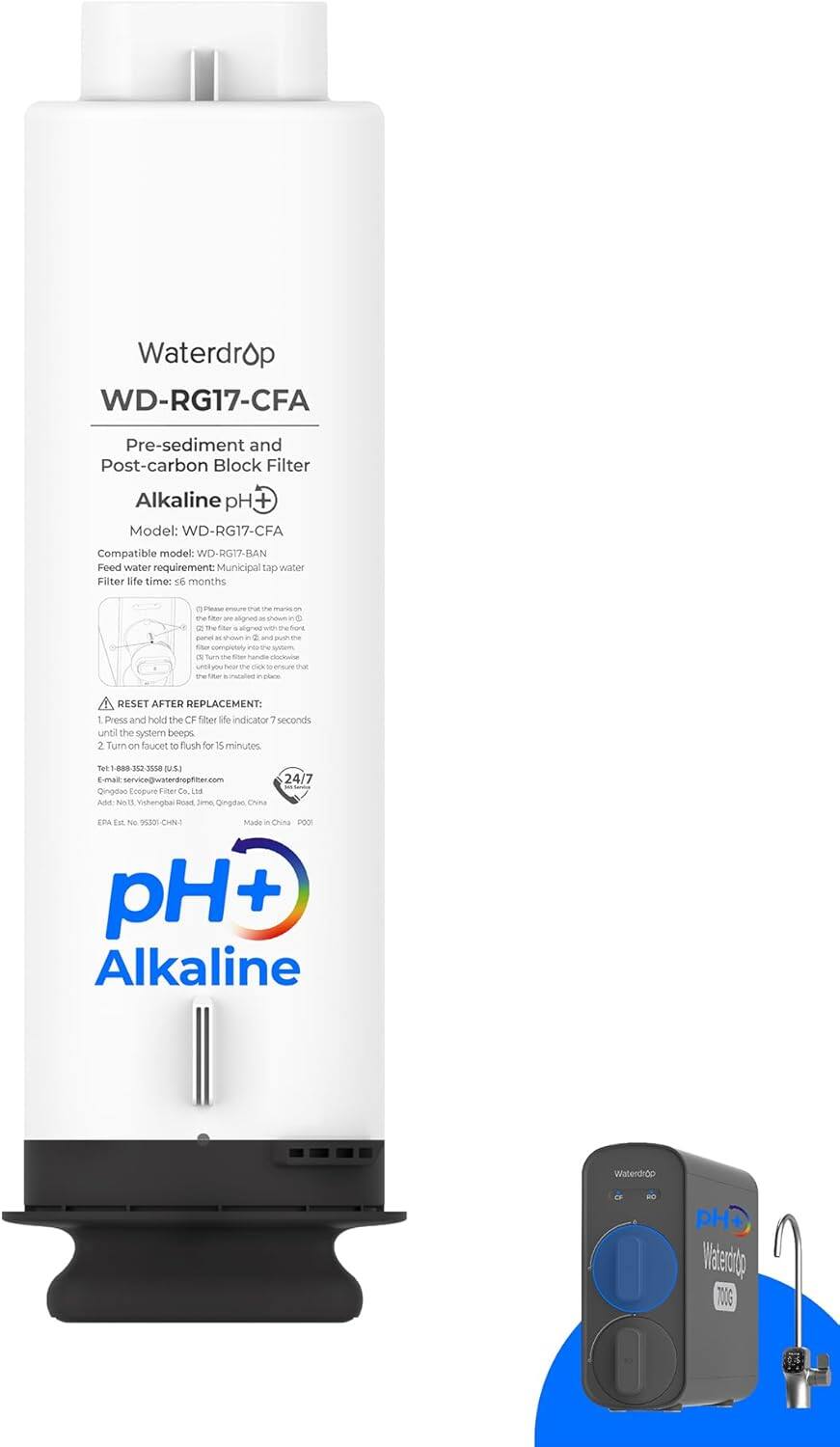 Waterdrop - WD-G5P700A-CF Filter, Replacement for WD-G5P700A Undersink Reverse Osmosis System, 6-month Lifetime - White