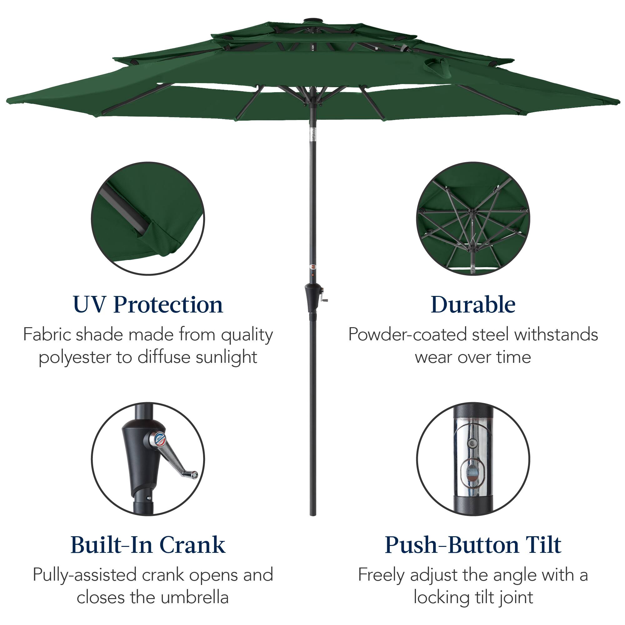 UV Protection Fabric shade made from quality polyester to diffuse sunlight. Durable Powder-coated steel withstands wear over time. Built-In Crank: Pulley-assisted crank opens and closes the umbrella. Push-Button Tilt: Freely adjust the angle with a locking tilt joint.