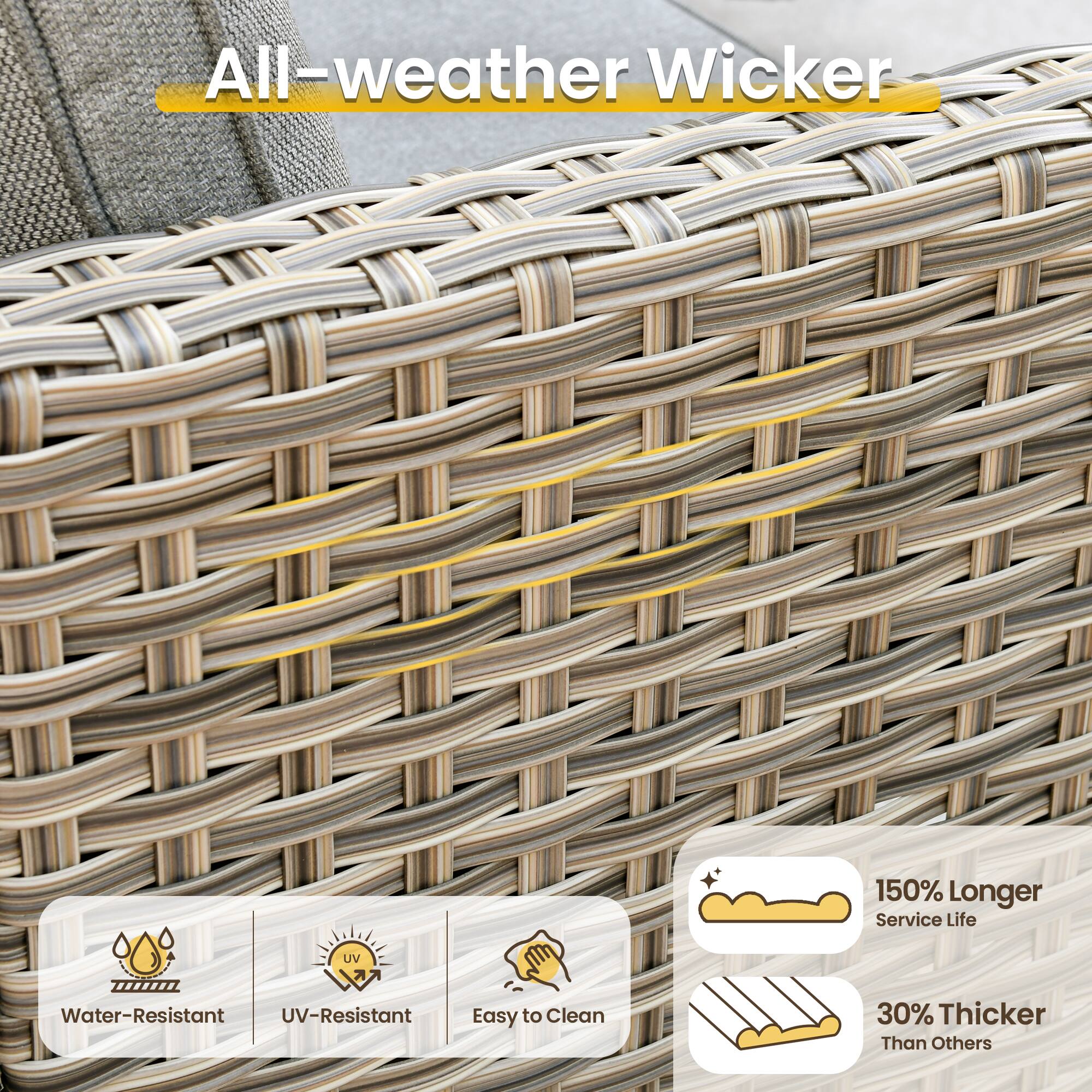 All-weather Wicker

- 150% Longer Service Life
- UV-Resistant
- Water-Resistant
- Easy to Clean
- 30% Thicker Than Others