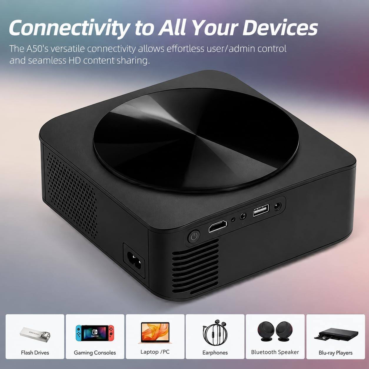 Connectivity to All Your Devices  
The A50's versatile connectivity allows effortless user/admin control and seamless HD content sharing.

- Flash Drives
- Gaming Consoles
- Laptop / PC
- Earphones
- Bluetooth Speaker
- Blu-ray Players