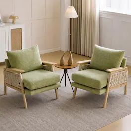 Winado - Boho Rattan Braided Chenille Accent Chair Set of 2 with Solid Wood 3.15" Wide Armrestswith Lumbar Pillow for Living Room - Sage Green