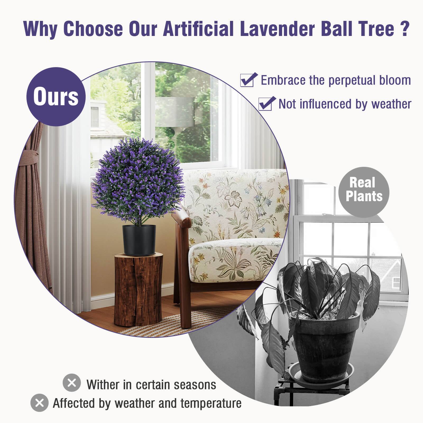 Why Choose Our Artificial Lavender Ball Tree?

- Ours
  - Embrace the perpetual bloom
  - Not influenced by weather

- Real Plants
  - Wither in certain seasons
  - Affected by weather and temperature