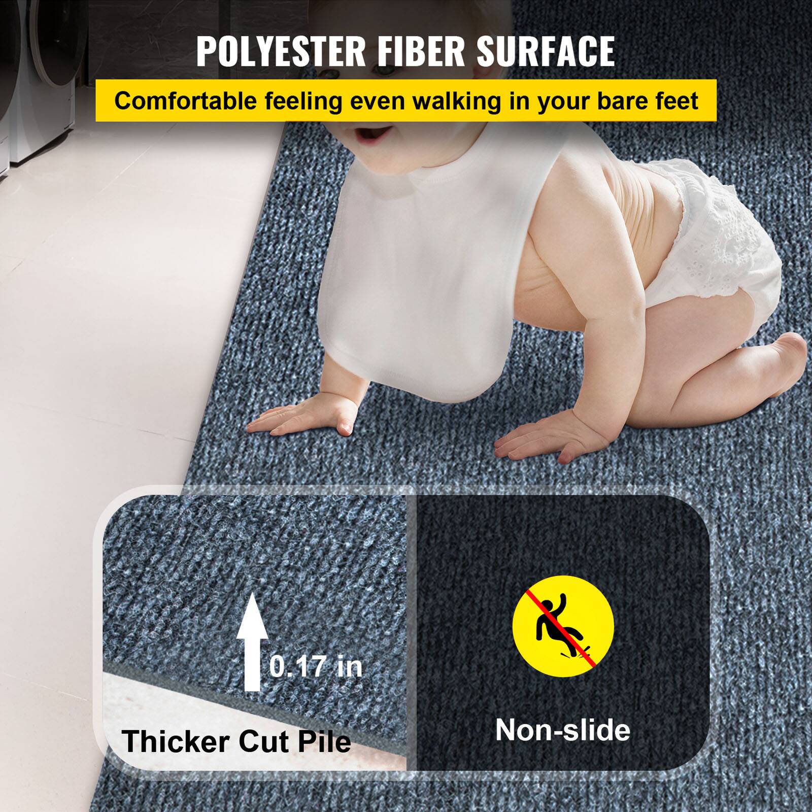 POLYESTER FIBER SURFACE, Comfortable feeling even walking in your bare feet, 0.17 in, Thicker Cut Pile, Non-slide