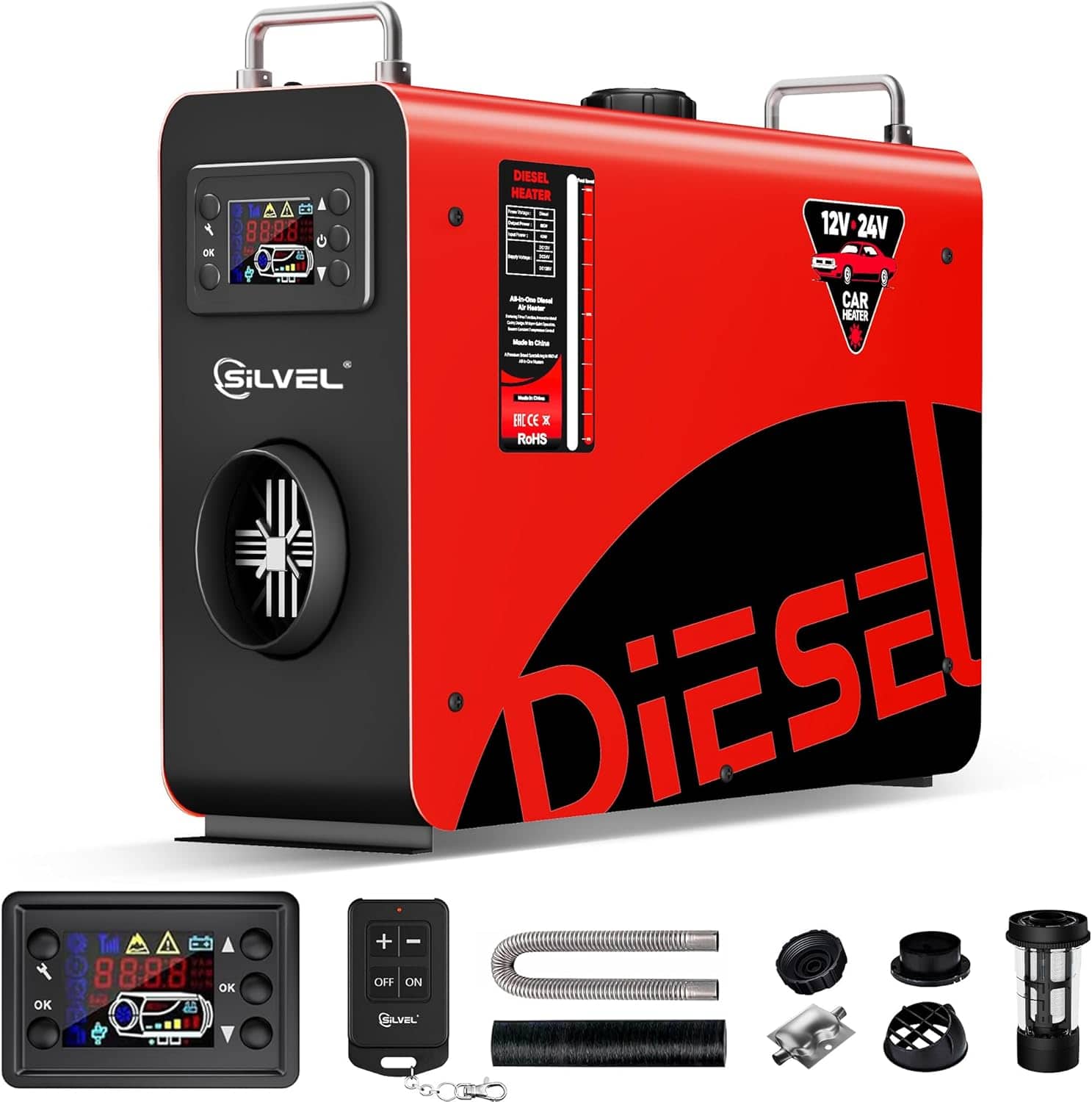 OK 8 8888 DIESEL HEATER 12V 24V CAR HEATER - OK - SiLVEL FC CE x RoHS DiESE + I Tal 88:8.8 8 8 8 OFF ON K GLVEL