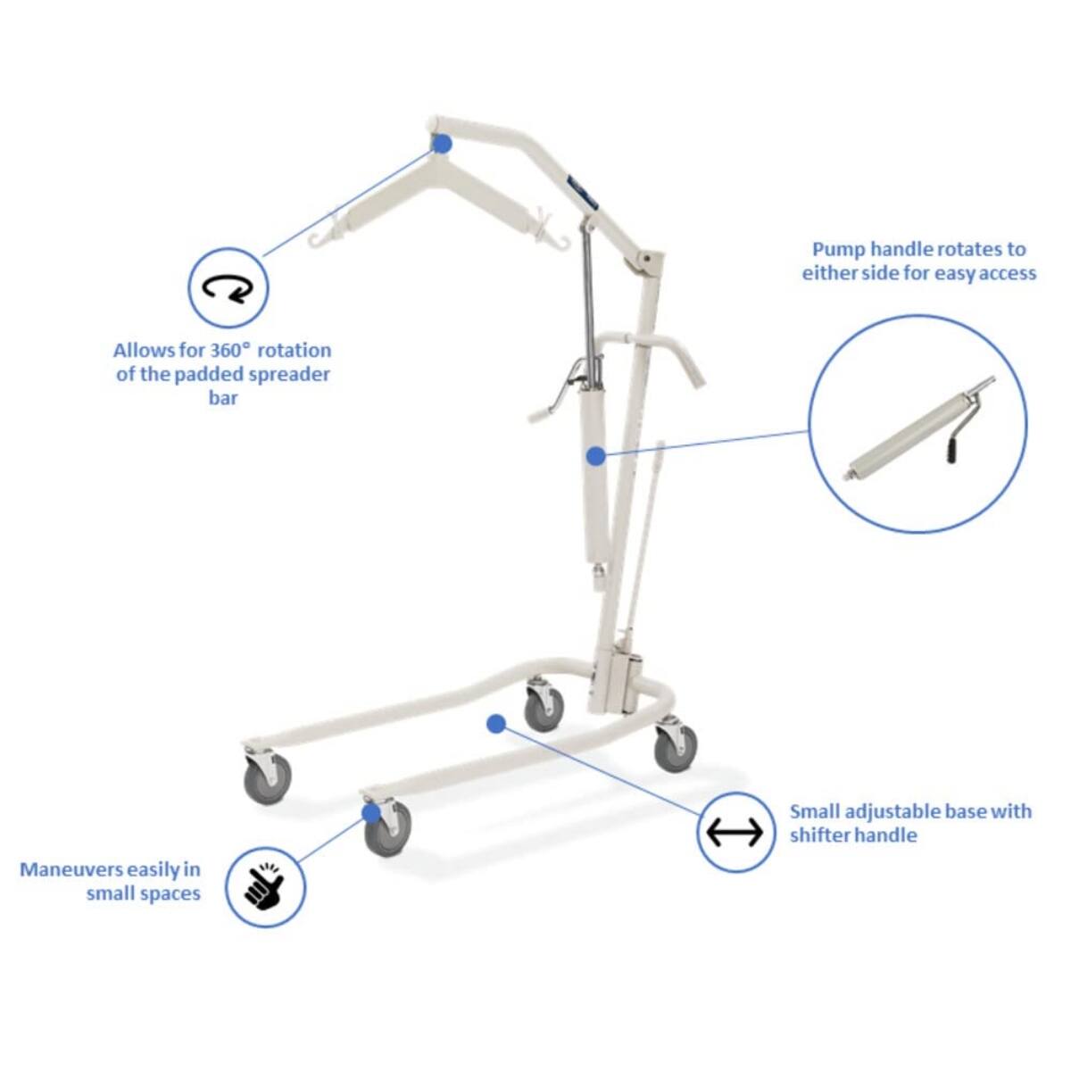 - Pump handle rotates to either side for easy access
- Allows for 360° rotation of the padded spreader bar
- Maneuvers easily in small spaces
- Small adjustable base with shifter handle