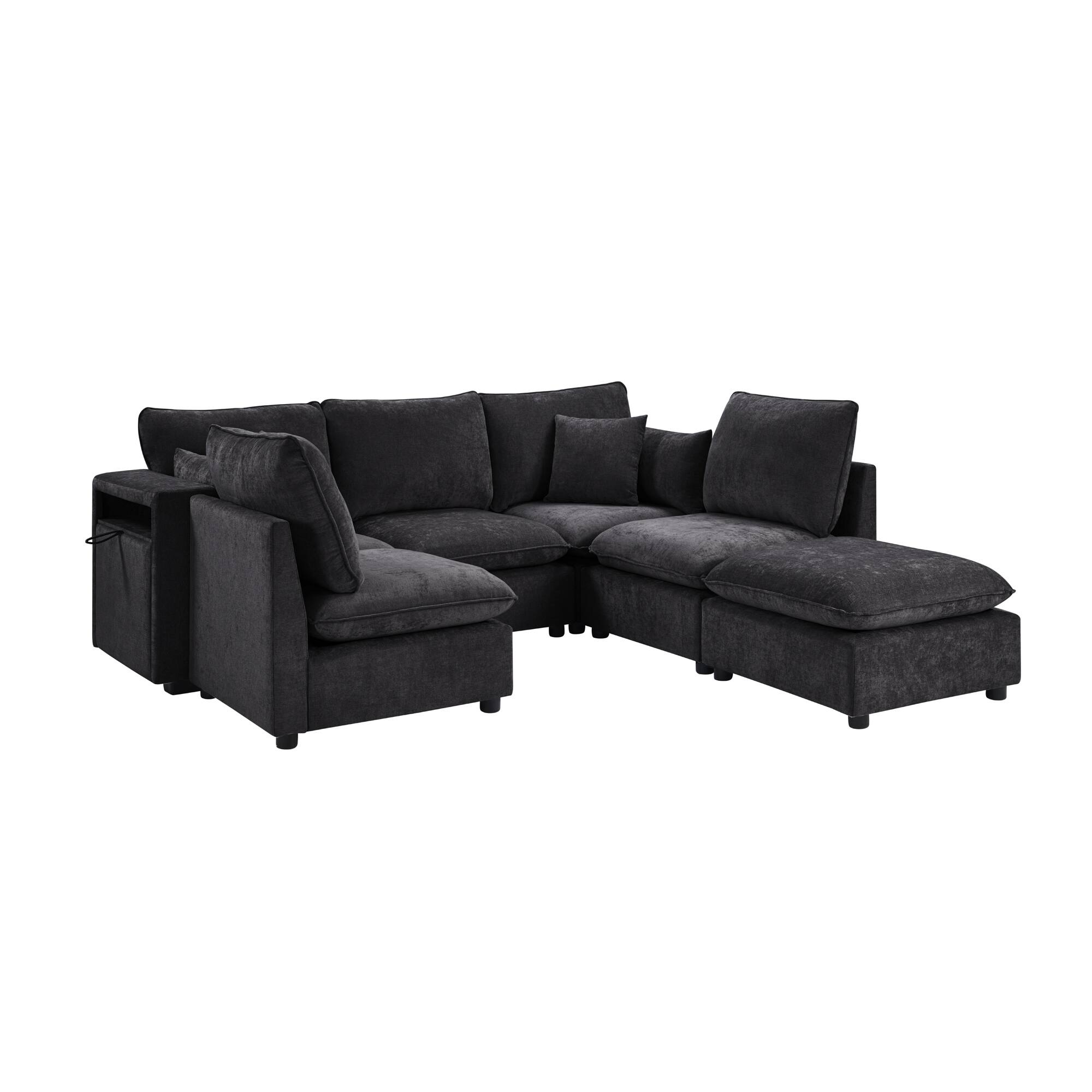 Alt View 2. Whisen - Modular Sectional Sofa U-Shaped Couch with Ottoman, Storage Armrests and USB Ports - Black.