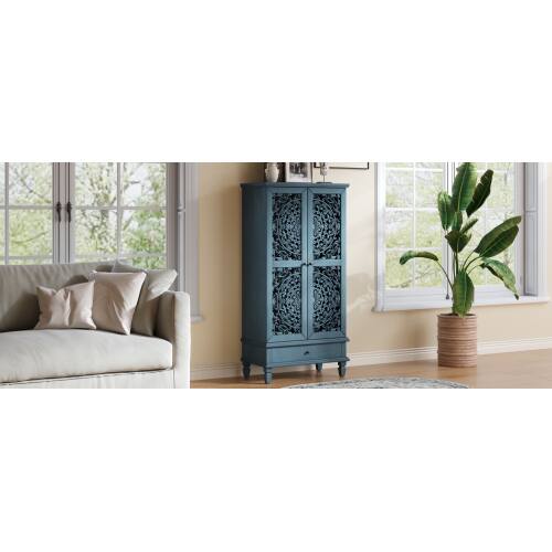Alt View 7. LUCKY ONE - 55in Freestanding Tall Storage Cabinet with Drawer Carved Doors Solid Wood Legs for Living Room Hallway - Antique Blue.