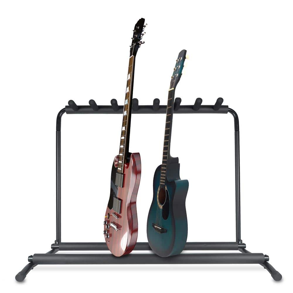 Pyle - 7-Slot Multi-Guitar Stand, Universal Floor Rack for Acoustic, Electric, Bass Guitars, Ukuleles & Cases - Black