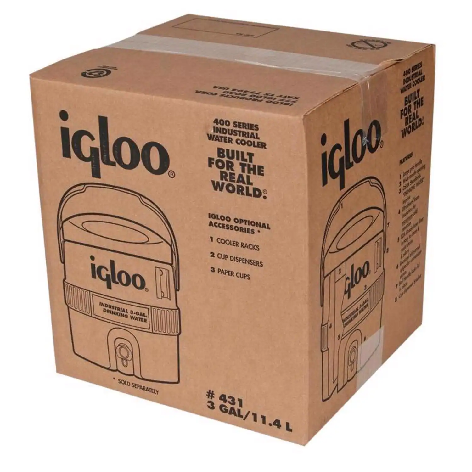 400 Series Industrial Water Cooler  
Built for the Real World!  
Igloo Industrial 3-Gal Drinking Water Cooler  
Igloo Optional Accessories:  
1. Cooler Racks  
2. Cup Dispensers  
3. Paper Cups  
Sold Separately  
# 431  
3 Gal/11.4 L