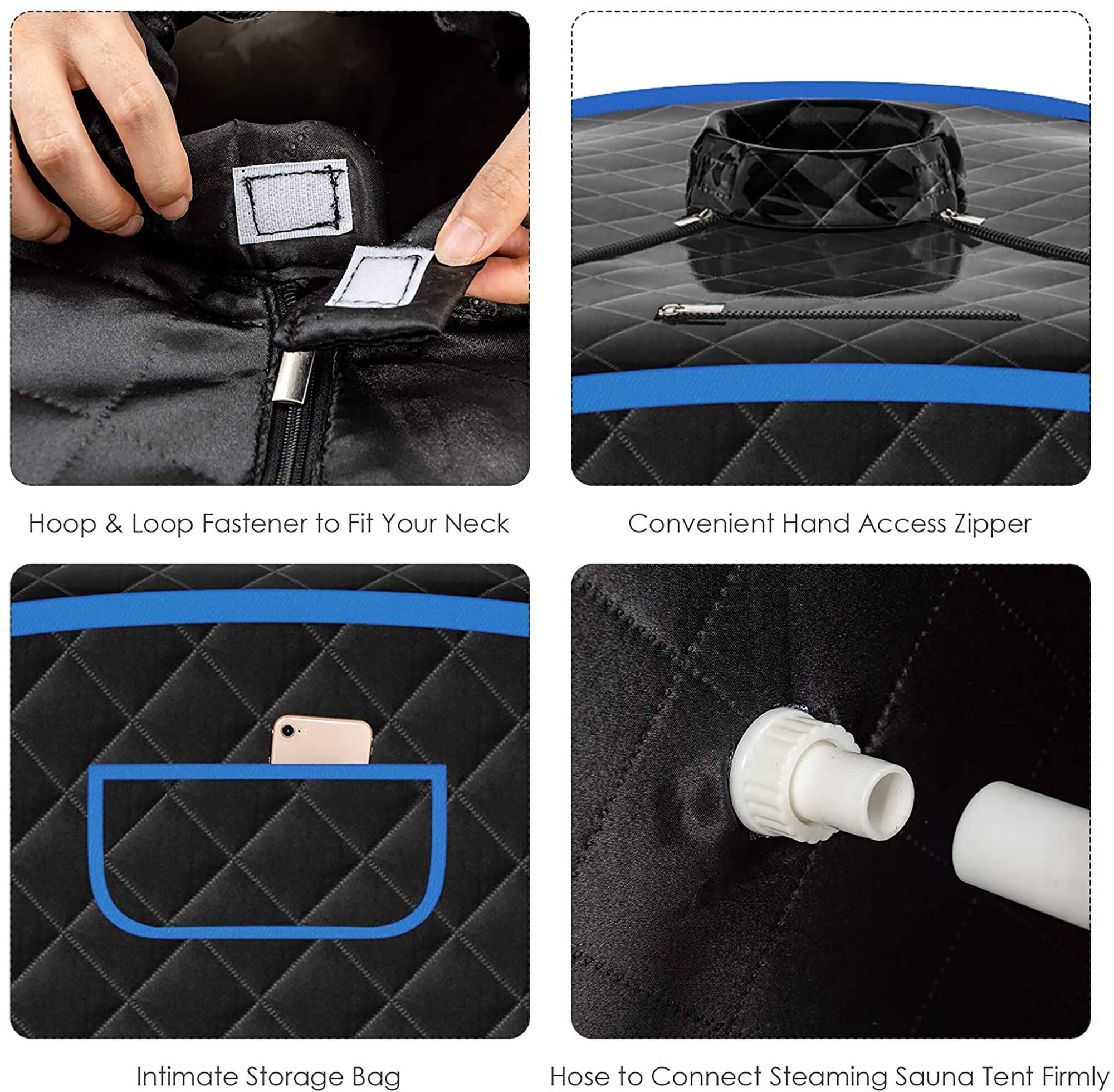 The text on the image is grouped and corrected as follows:

1. Hoop & Loop Fastener to Fit Your Neck
2. Convenient Hand Access Zipper
3. Intimate Storage Bag
4. Hose to Connect Steaming Sauna Tent Firmly

These are the four main features of the product being showcased in the image.