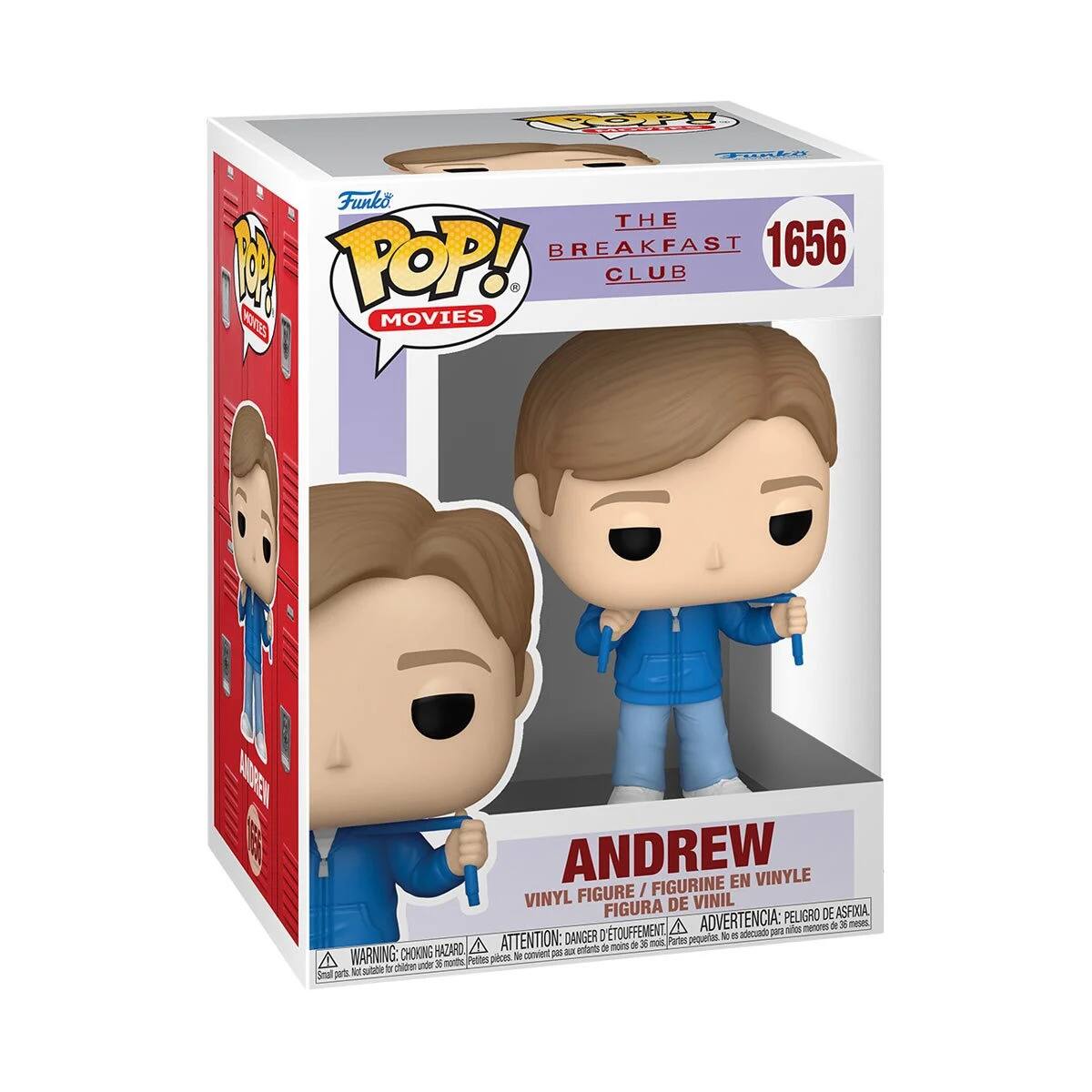 Sure, here is the corrected and grouped text from the image:

---

**Funko POP! MOVIES**

**THE BREAKFAST CLUB**

**1656**

**ANDREW**

**VINYL FIGURE / FIGURINE EN VINYLE / FIGURA DE VINIL**

**WARNING: CHOKING HAZARD - Small parts. Not for children under 3 years.**

**ADVERTENCIA: PELOIGRO DE ASPÍRIA - Pequeñas piezas. No es adecuado para menores de 3 años.**

**ATTENTION: DANGER - ÉTOUFFEMENT - Petites pièces. Ne convient pas aux enfants de moins de 3 ans.**

---