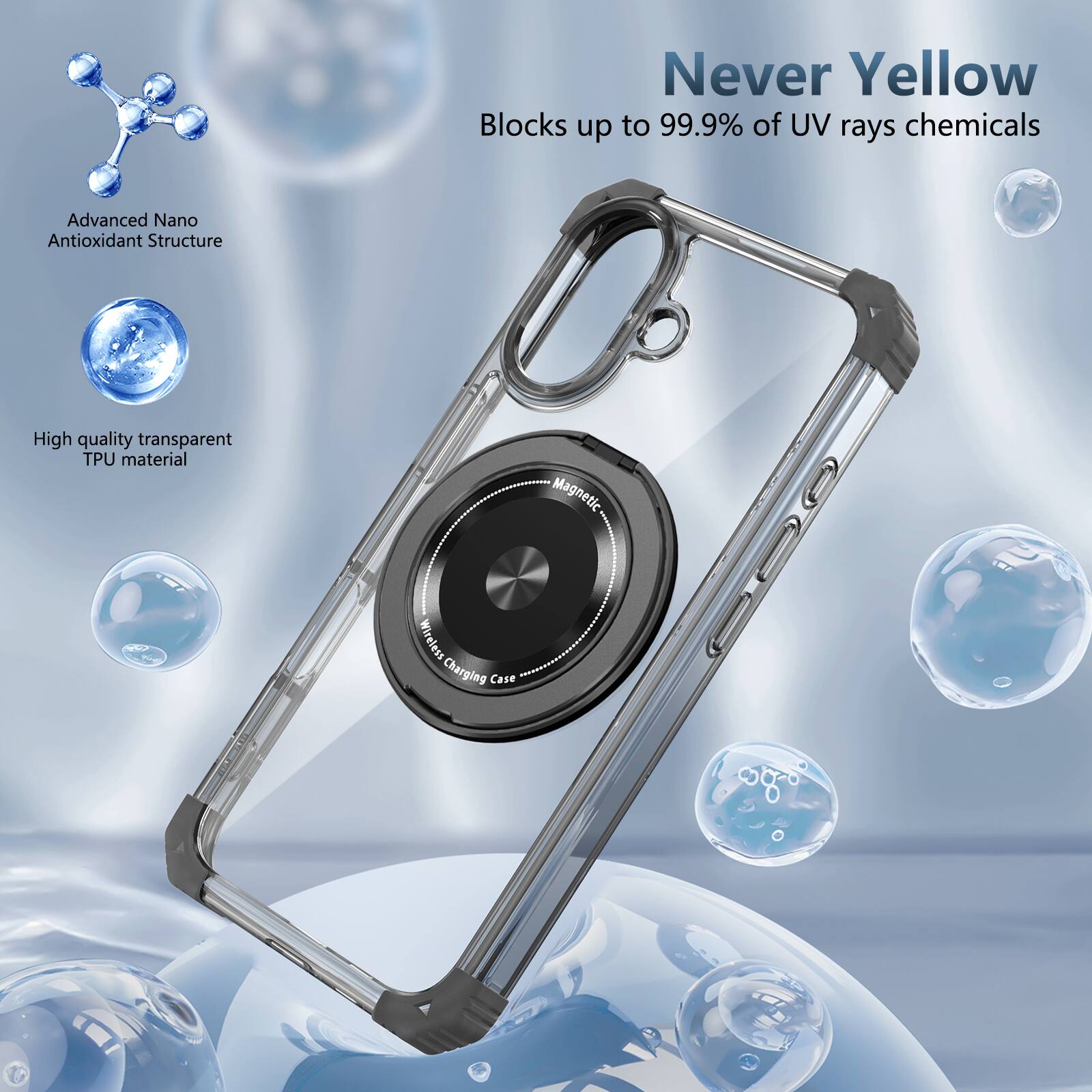 Never Yellow  
Blocks up to 99.9% of UV rays chemicals  
Advanced Nano Antioxidant Structure  
High quality transparent TPU material  
Magnetic Wireless Charging Case