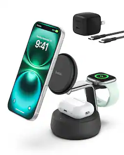 Belkin - UltraCharge Pro 3-in-1 Qi2 25W Magnetic Wireless Charging Dock for iPhone, Apple Watch and AirPods - Charcoal