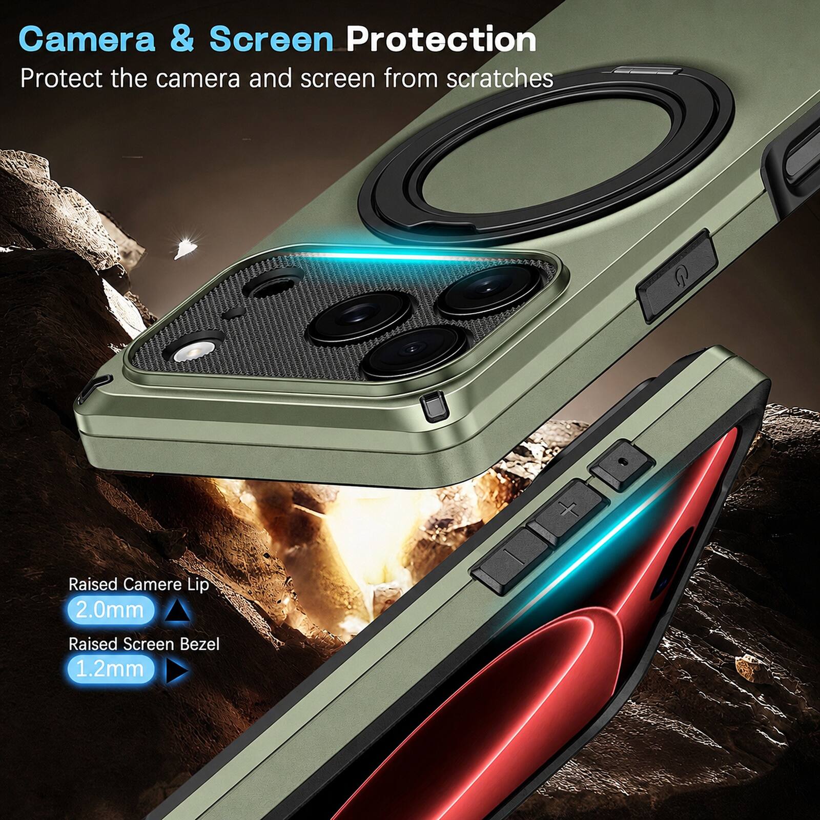 Camera & Screen Protection  
Protect the camera and screen from scratches  

Raised Camera Lip 2.0mm  
Raised Screen Bezel 1.2mm