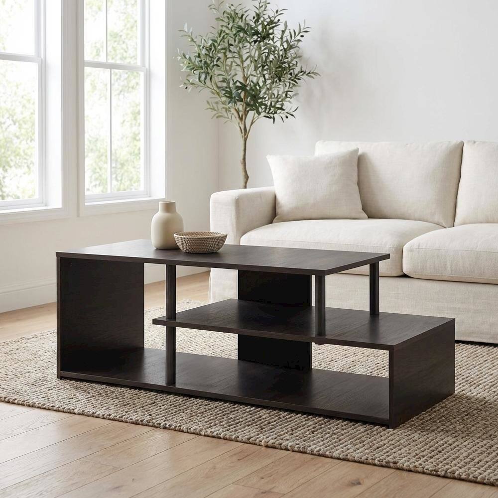 Alt View 2. FurniFact - Espresso Low Rise TV Stand with Composite Wood Construction and Modern Design - Brown Black.