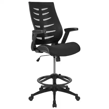 Front. Emma + Oliver - High Back Mesh Ergonomic Drafting Chair with Adjustable Flip-Up Arms - Black.